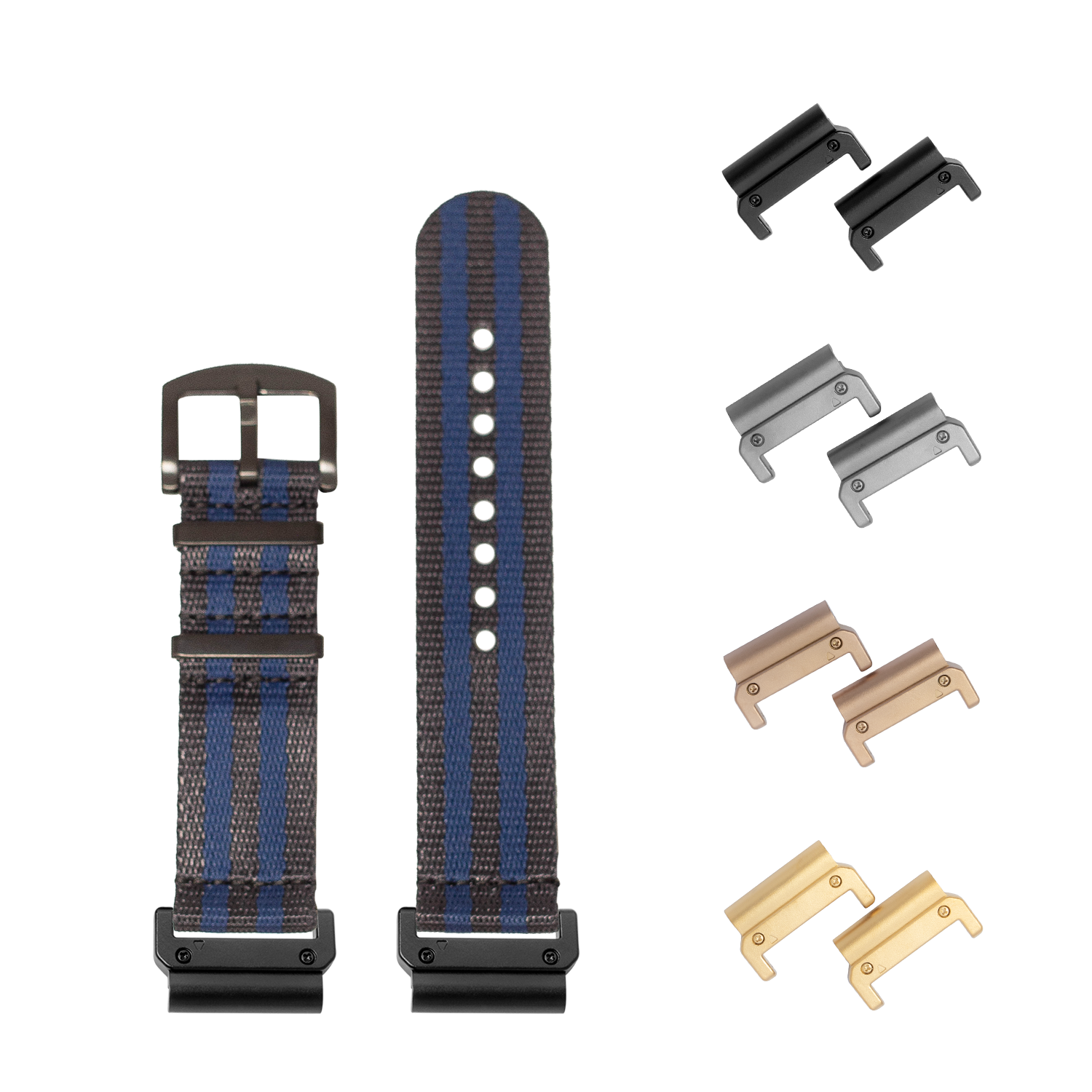 QuickFit Supreme Militex dark blue and navy striped watch band 26mm with interchangeable black, silver, bronze and gold hardware lugs