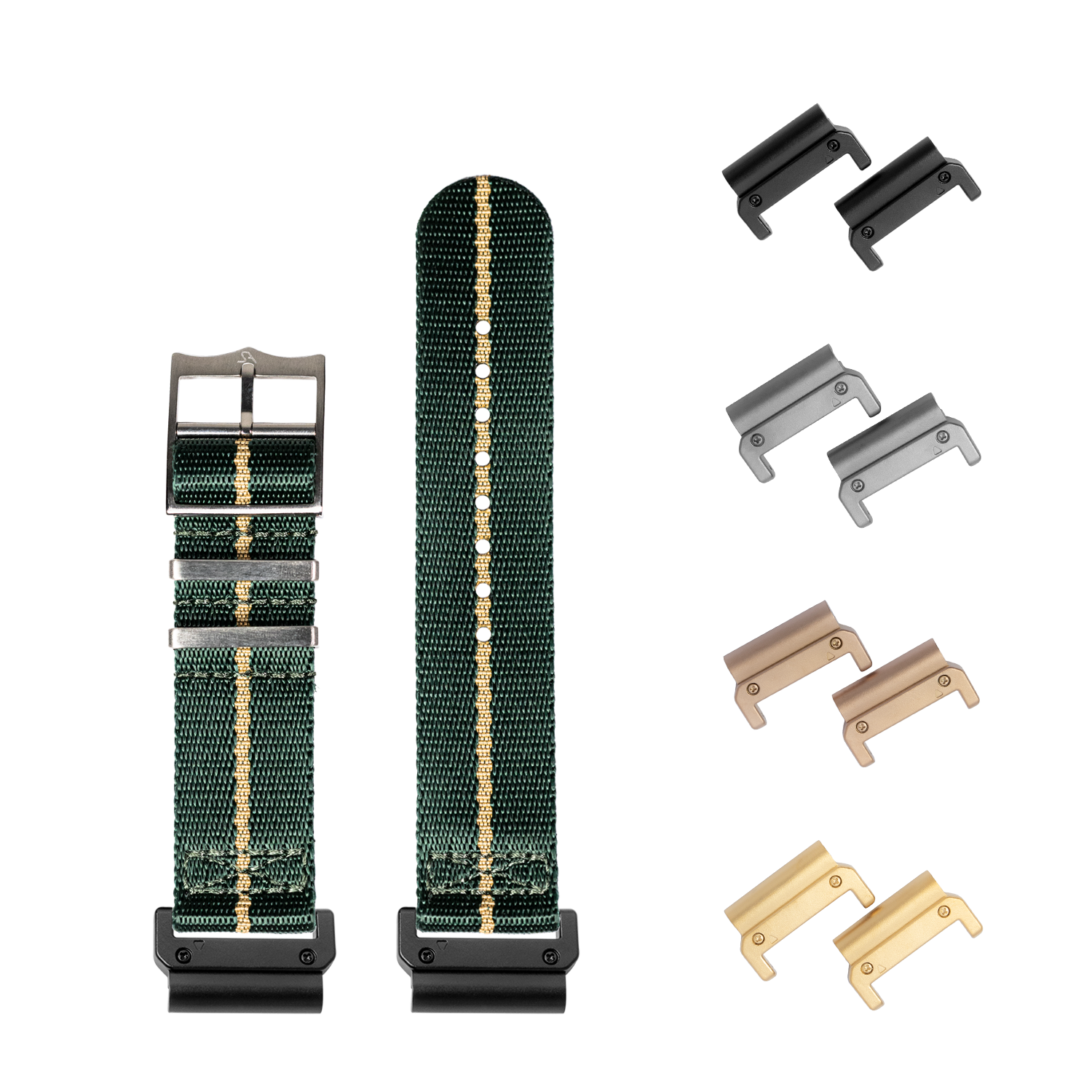 QuickFit Supreme Militex green and wheat watch bands with interchangeable metal lugs in multiple finishes