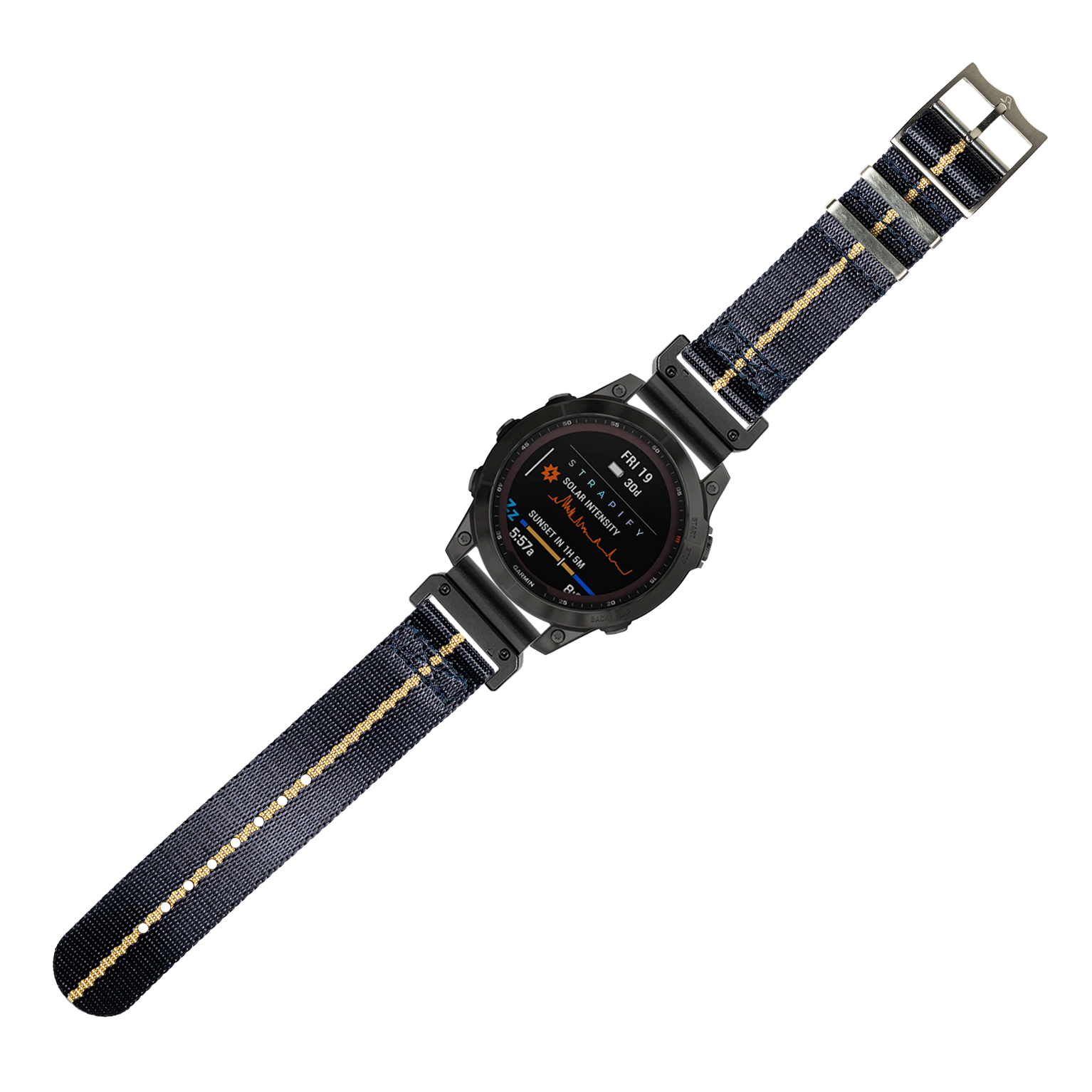 Black digital smartwatch with navy blue and wheat striped fabric strap, displaying altitude and weather data on AMOLED screen