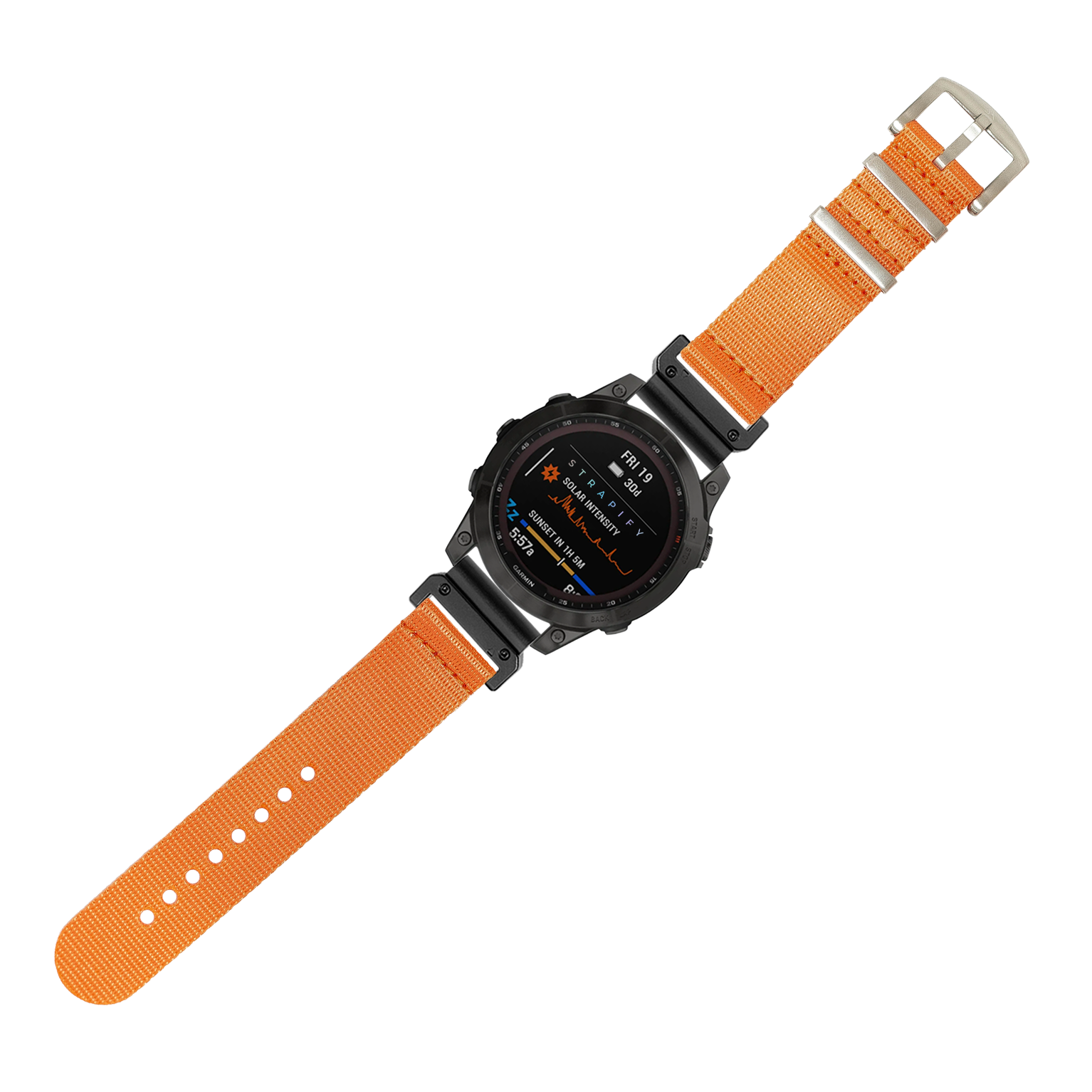Black digital tactical watch with orange nylon QuickFit strap and military-grade features