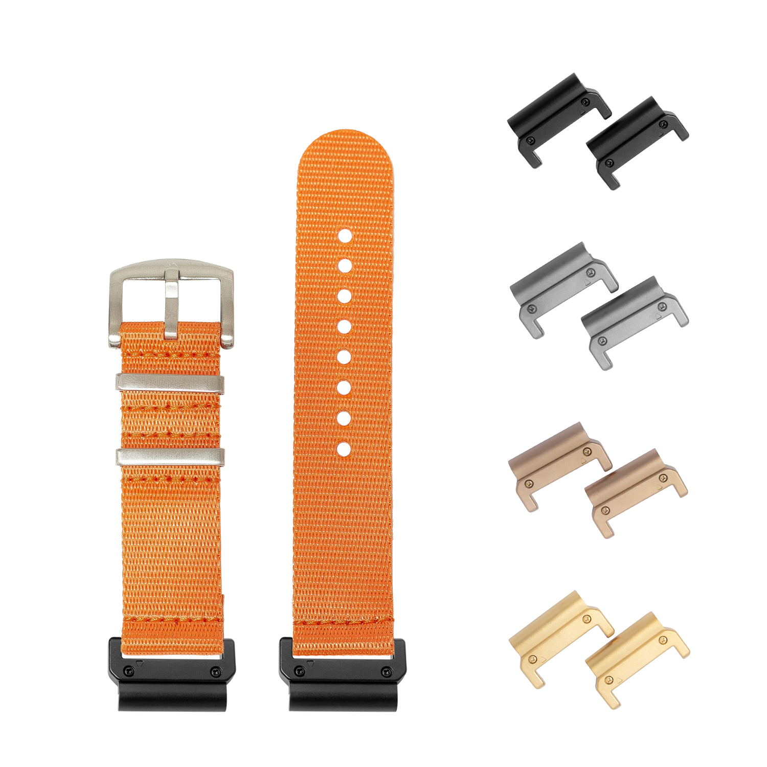 Orange nylon QuickFit watch band 26mm with interchangeable metal hardware buckles in multiple finishes