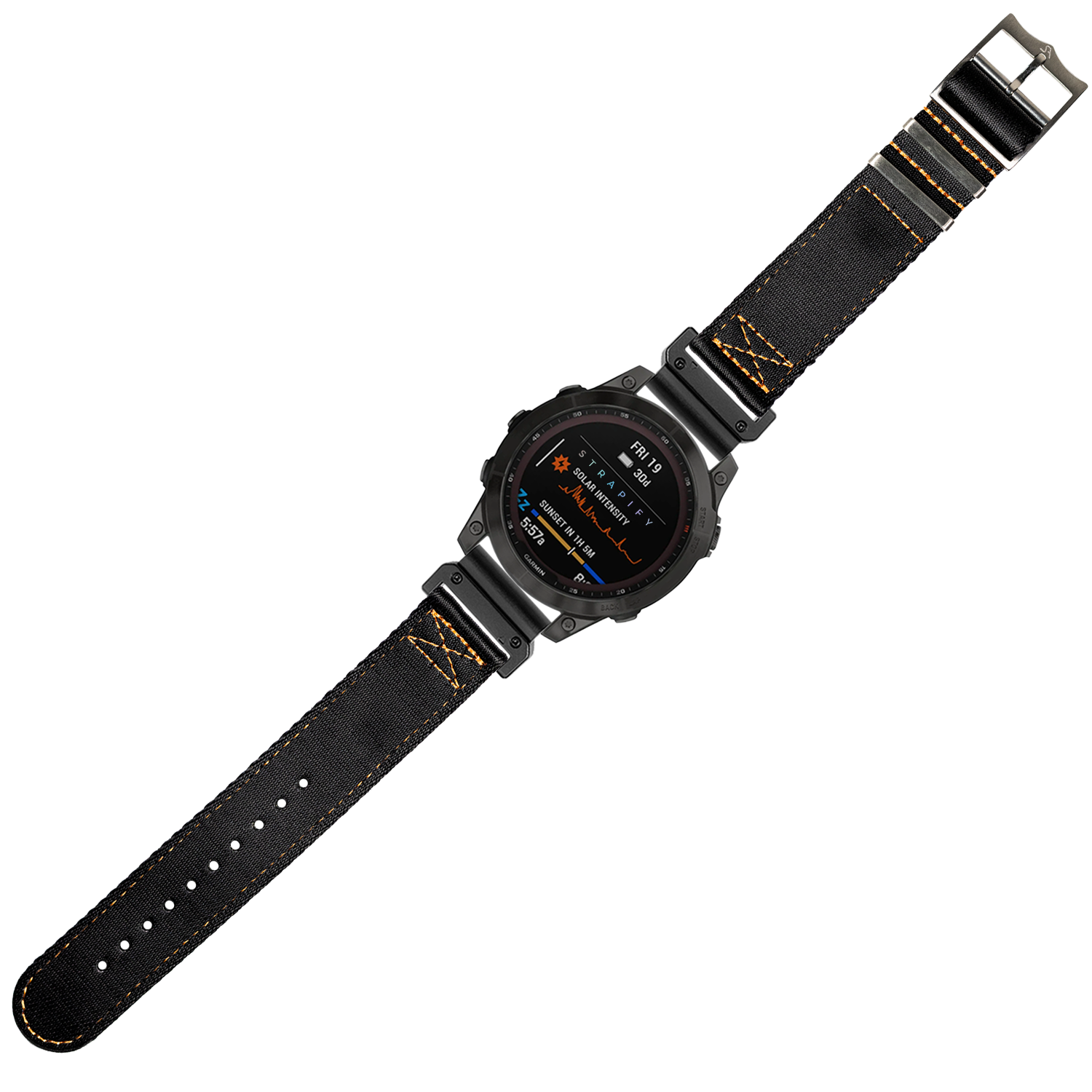 Black tactical smartwatch with orange stitched canvas band and digital display showing metrics