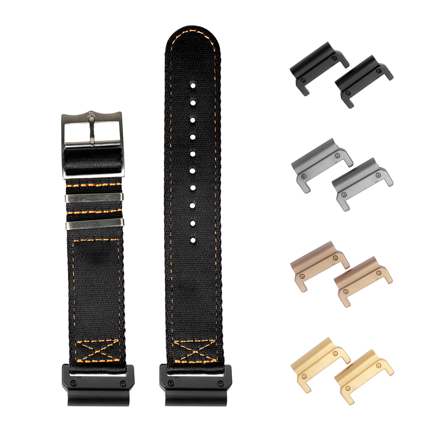 Black nylon watch band with orange stitching, quick-fit connectors, and interchangeable metal lugs in multiple finishes