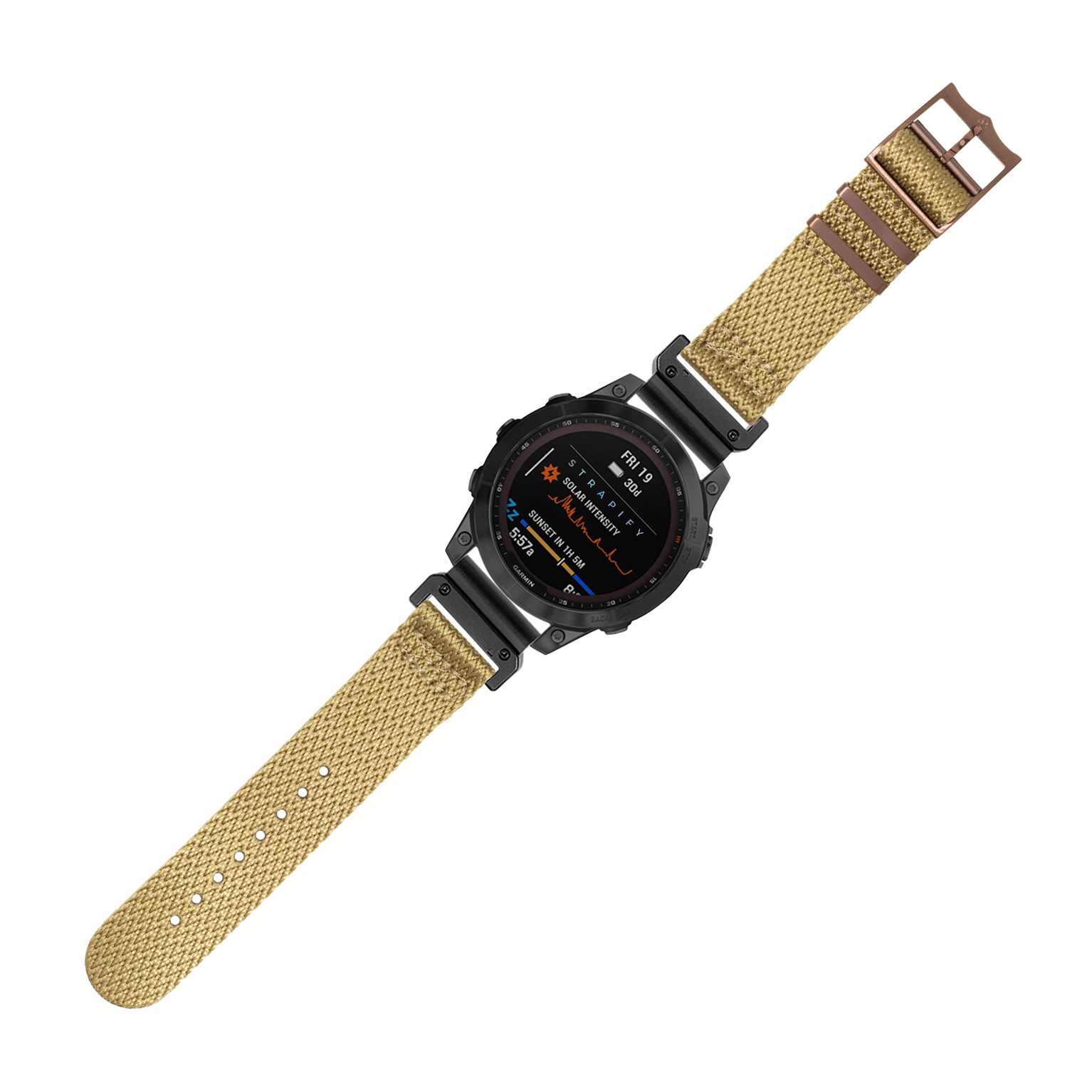 Black digital smartwatch with wheat tan fabric Militex strap and bronze hardware, displaying fitness metrics on AMOLED screen