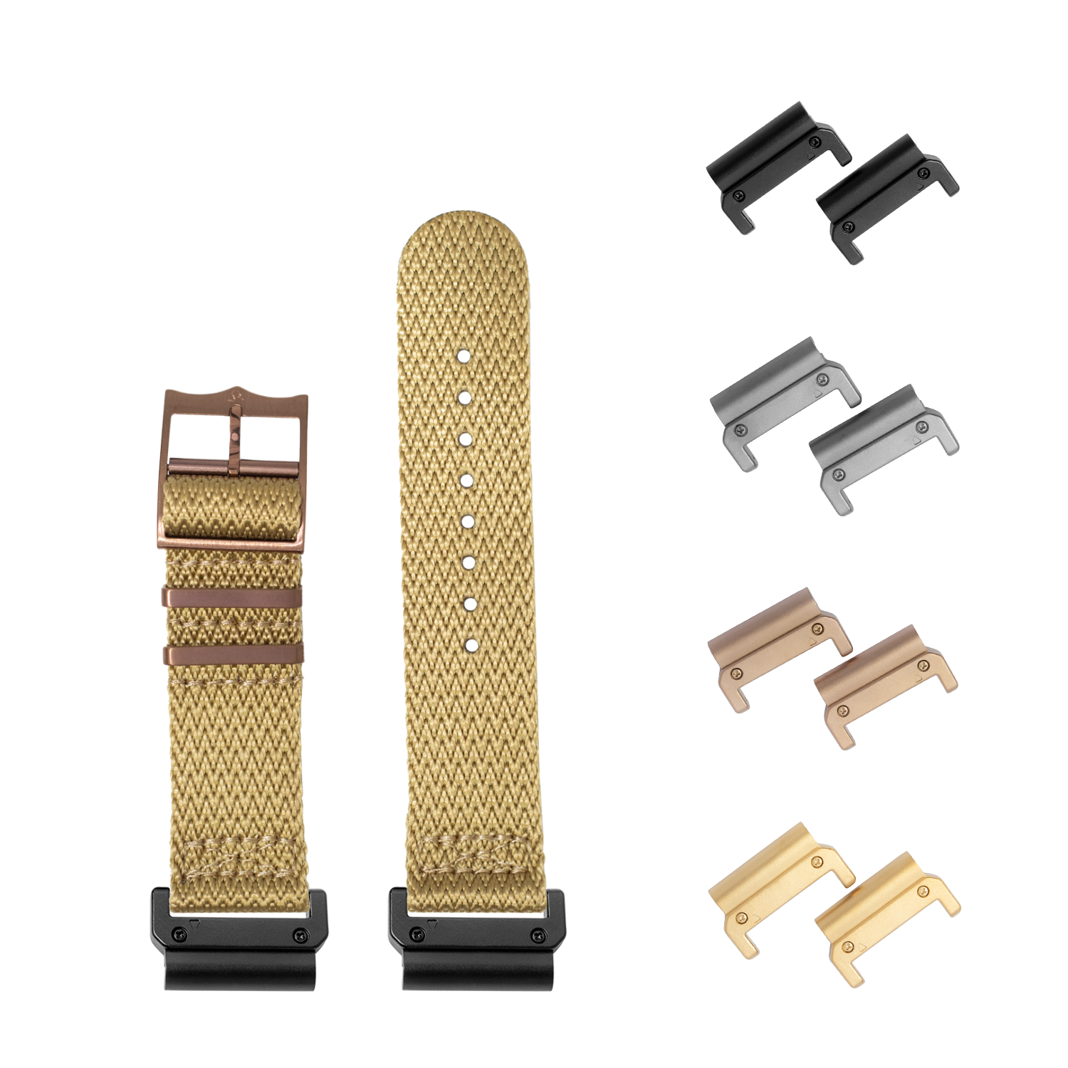 Quickfit Sharktooth Militex wheat fabric watch band 22mm with interchangeable bronze hardware connectors included