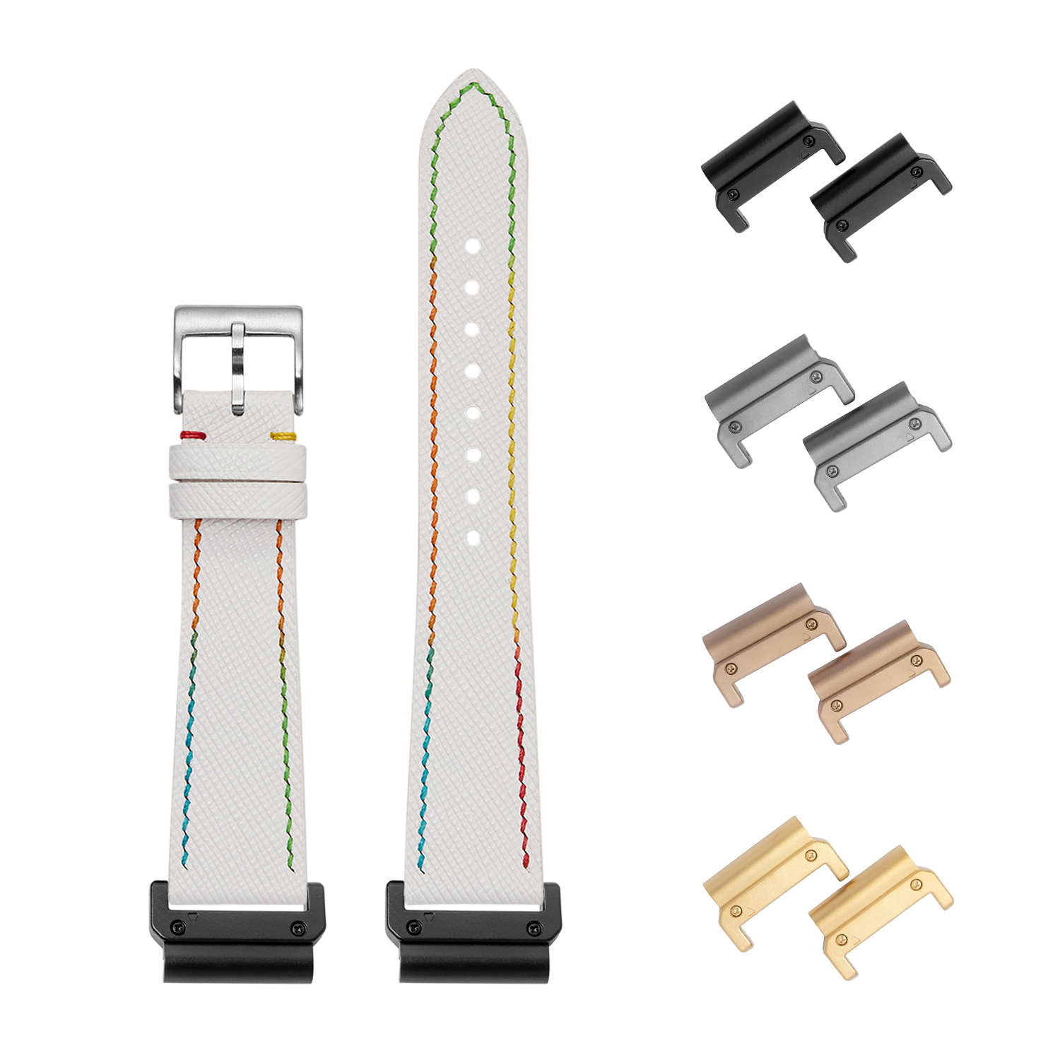 QuickFit Chevre Saffiano white leather watch strap with rainbow stitching, 26mm width, includes interchangeable metal lugs in black, silver, rose gold and gold finishes