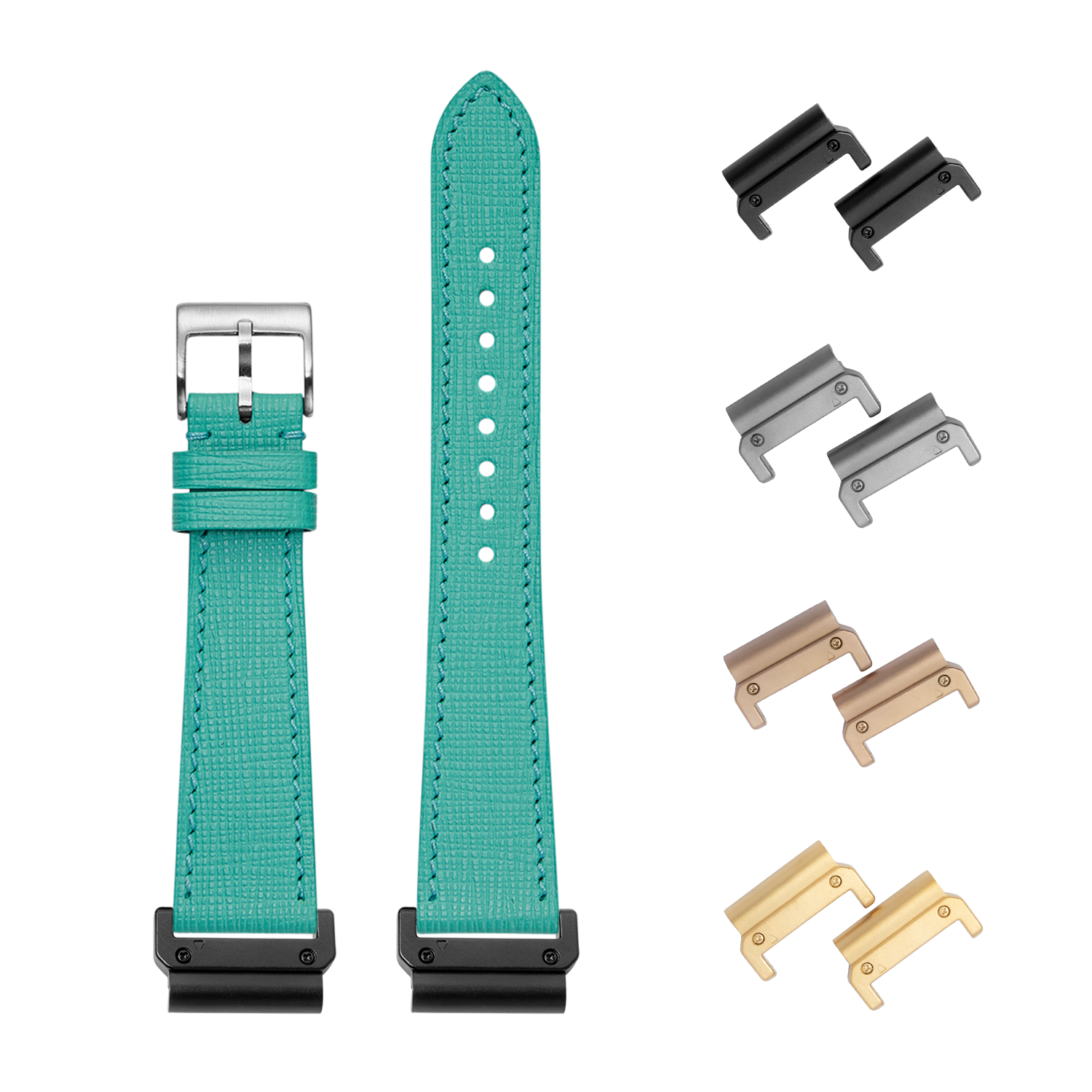 Turquoise QuickFit Chevre Saffiano leather watch band 26mm with interchangeable metal lugs in silver, black, gold and bronze finishes
