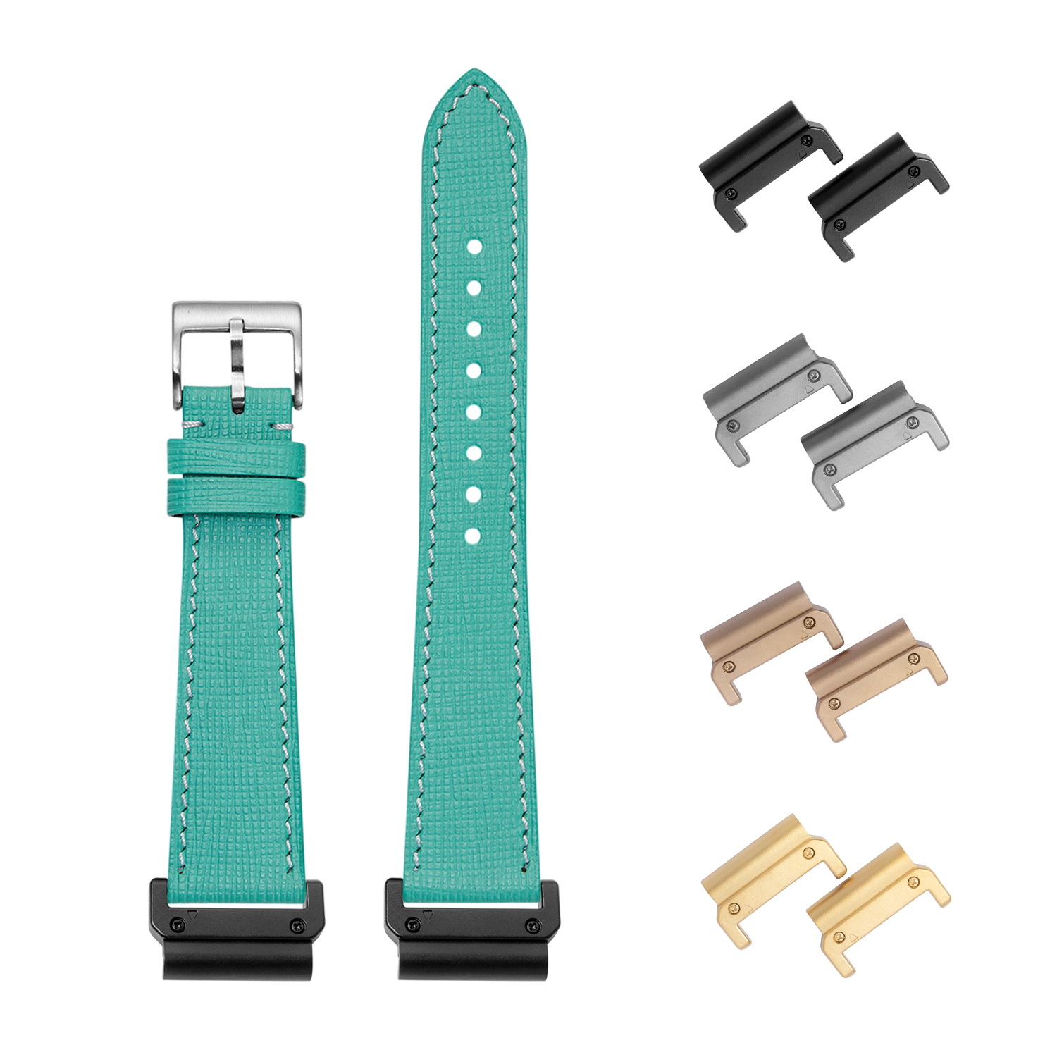 Tiffany blue Chevre Saffiano leather watch strap 26mm with white stitching, silver buckle, and interchangeable quick-fit lugs in black, silver, bronze, and gold finishes