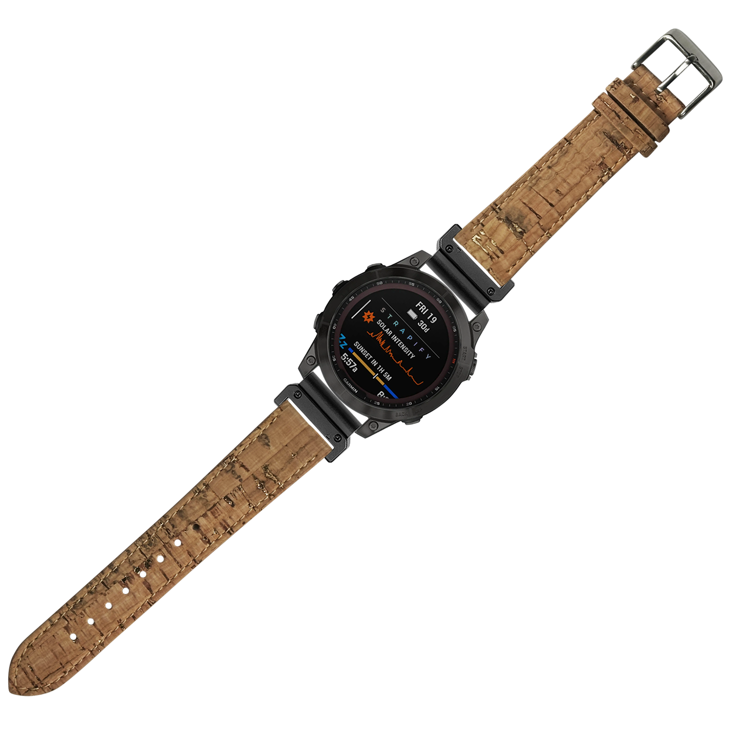 Black digital smartwatch with cork vegan leather strap, displaying fitness metrics and date on AMOLED screen