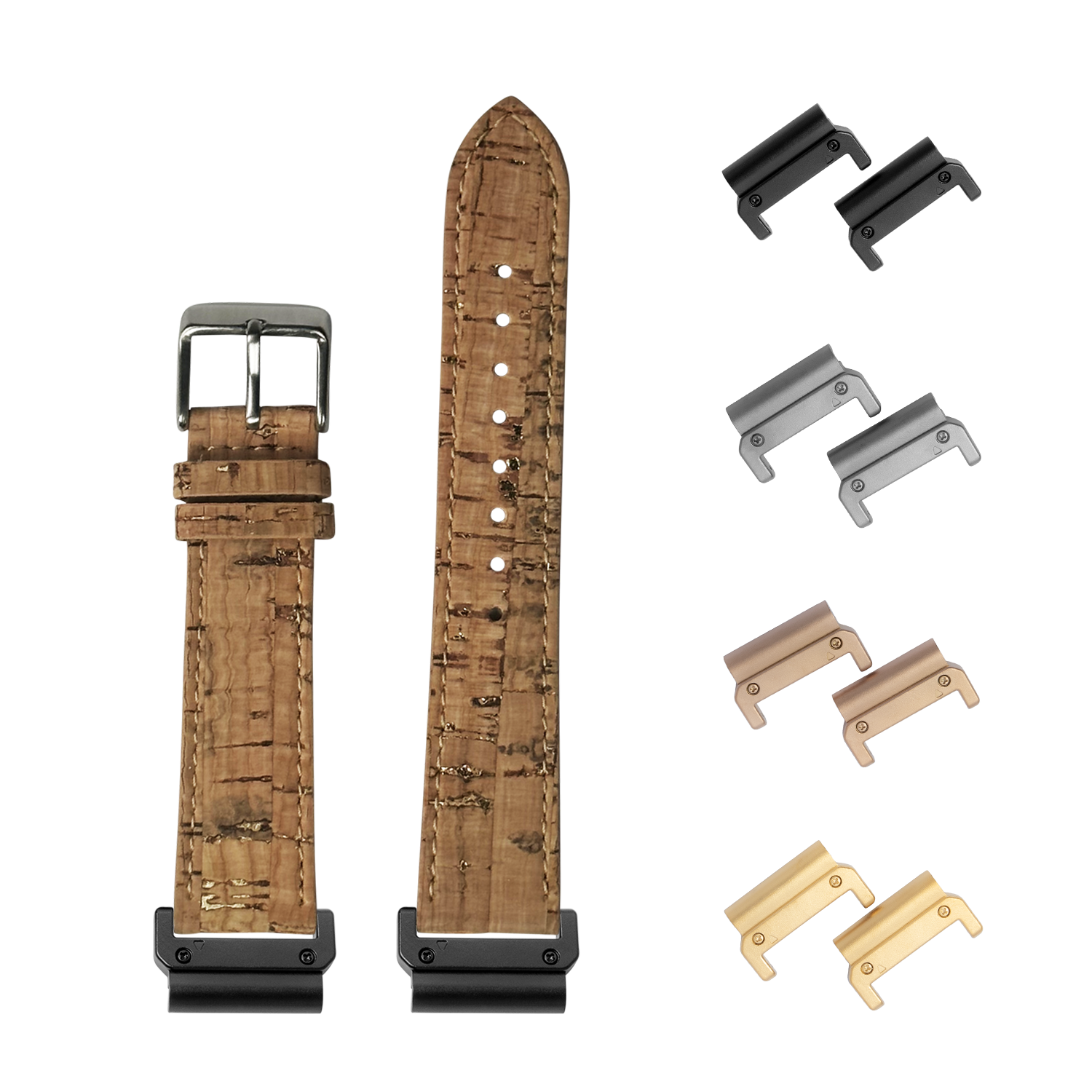 QuickFit cork vegan leather watch strap in brown 26mm with interchangeable metal lugs in black, silver, rose gold and gold finishes