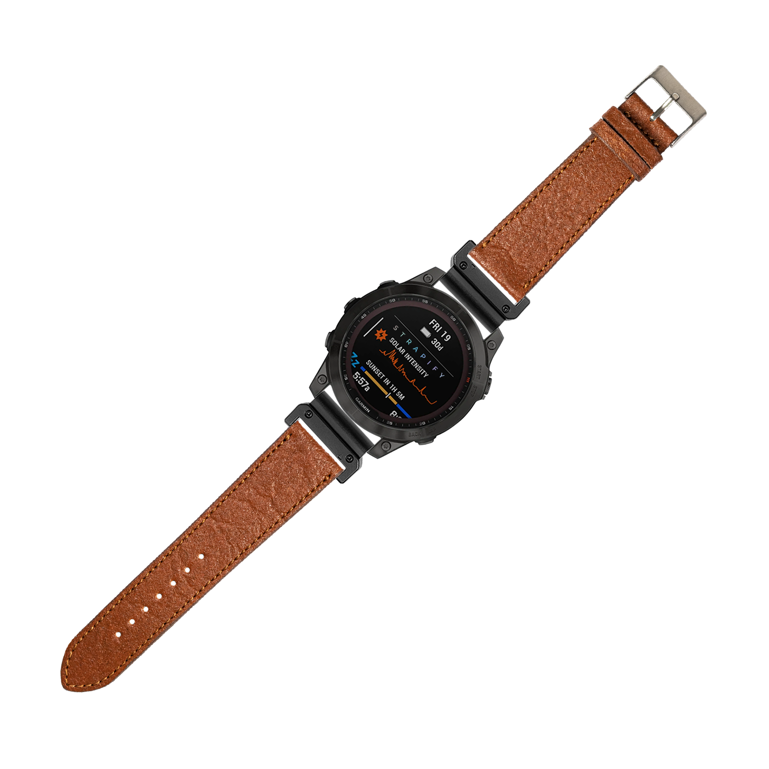 Black rugged smartwatch fitted with a brown pineapple vegan leather Garmin QuickFit watch band