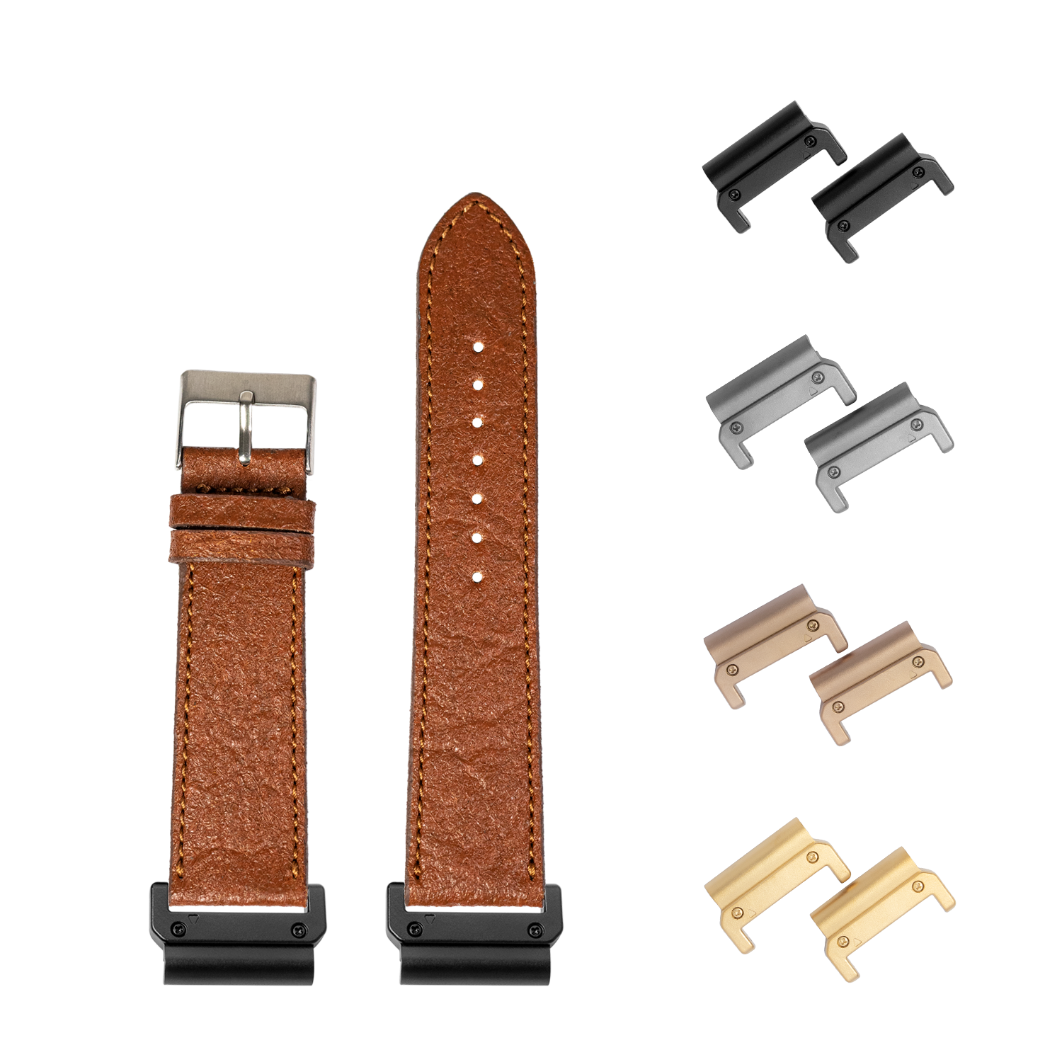 Vegan leather watch band in tan brown with quick-fit connector system and interchangeable metal lugs in black, silver, rose gold and gold finishes