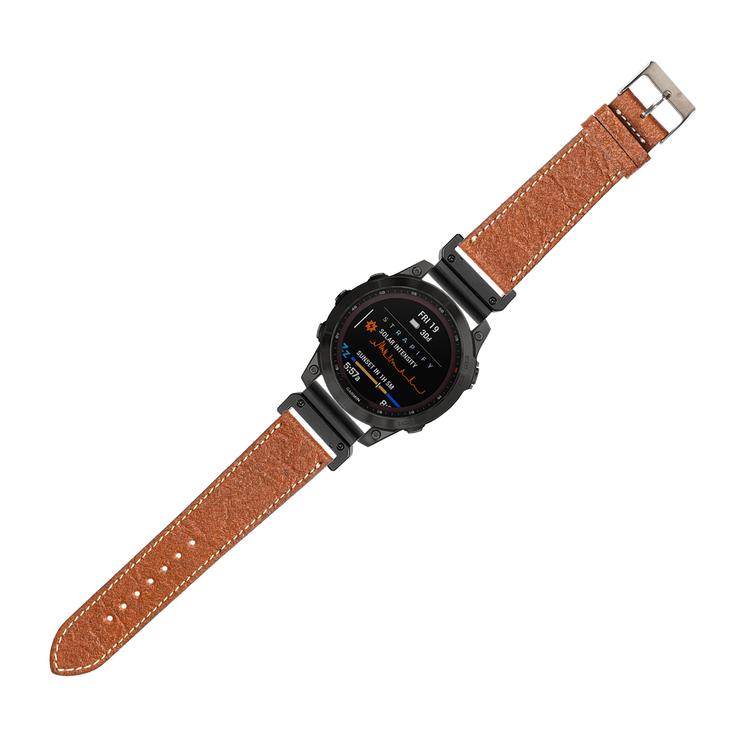 Garmin QuickFit pineapple vegan leather watch band in brown with white stitching fitted to a smartwatch