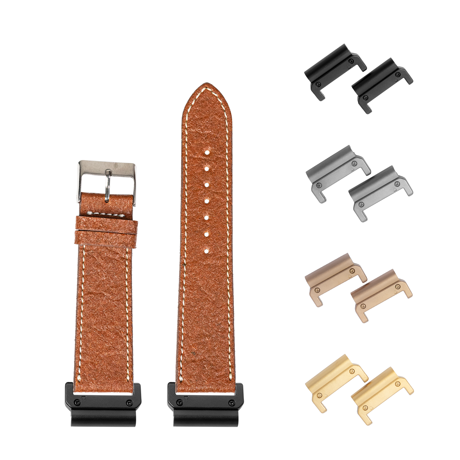 Brown vegan leather watch band with white stitching, quick-fit connectors and interchangeable metal lugs in black, silver, rose gold and gold finishes