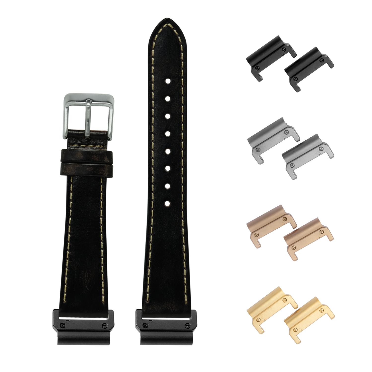 Black leather watch strap with contrast stitching, interchangeable metal lugs in multiple finishes, and stainless steel buckle for 26mm watches