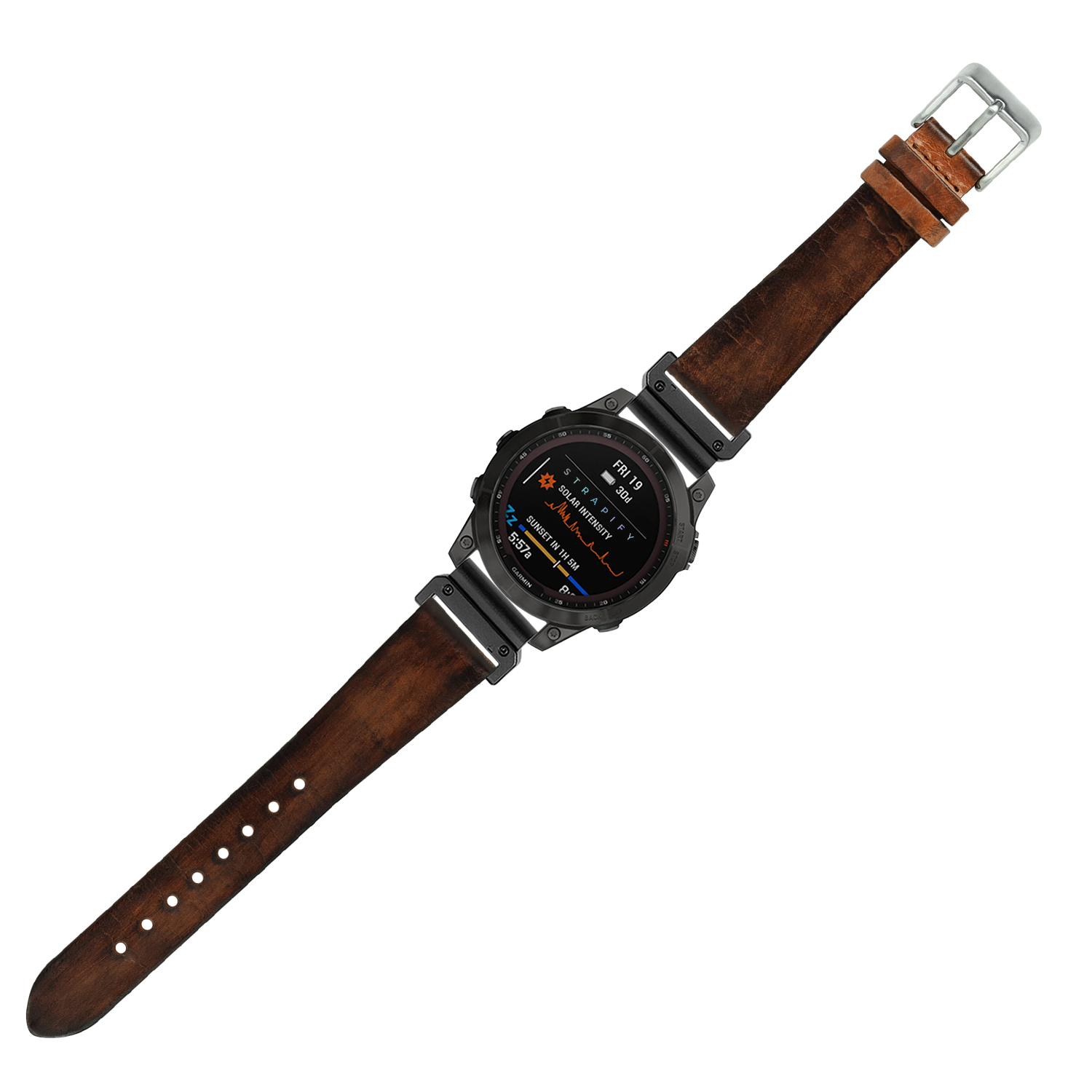 Tactical smartwatch with black digital display and vintage smoked brown leather QuickFit strap with silver buckle