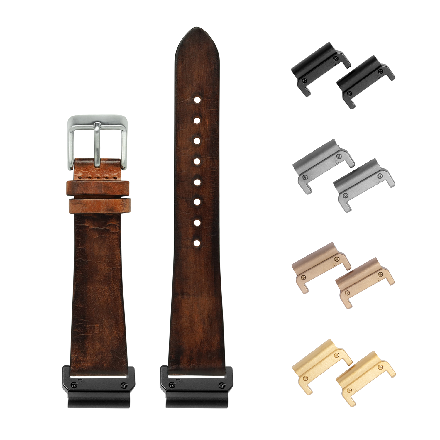 QuickFit vintage smoked brown leather watch band 26mm with interchangeable metal lugs in black, silver, bronze and gold