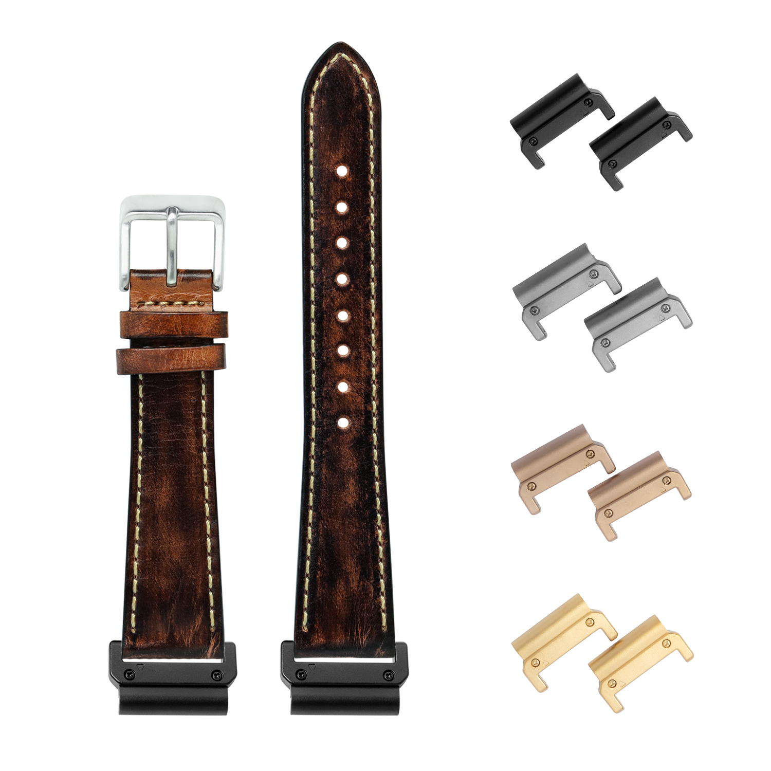 Brown vintage leather quick fit watch band 26mm with contrast stitching, includes interchangeable metal lugs in black, silver, bronze and gold finishes