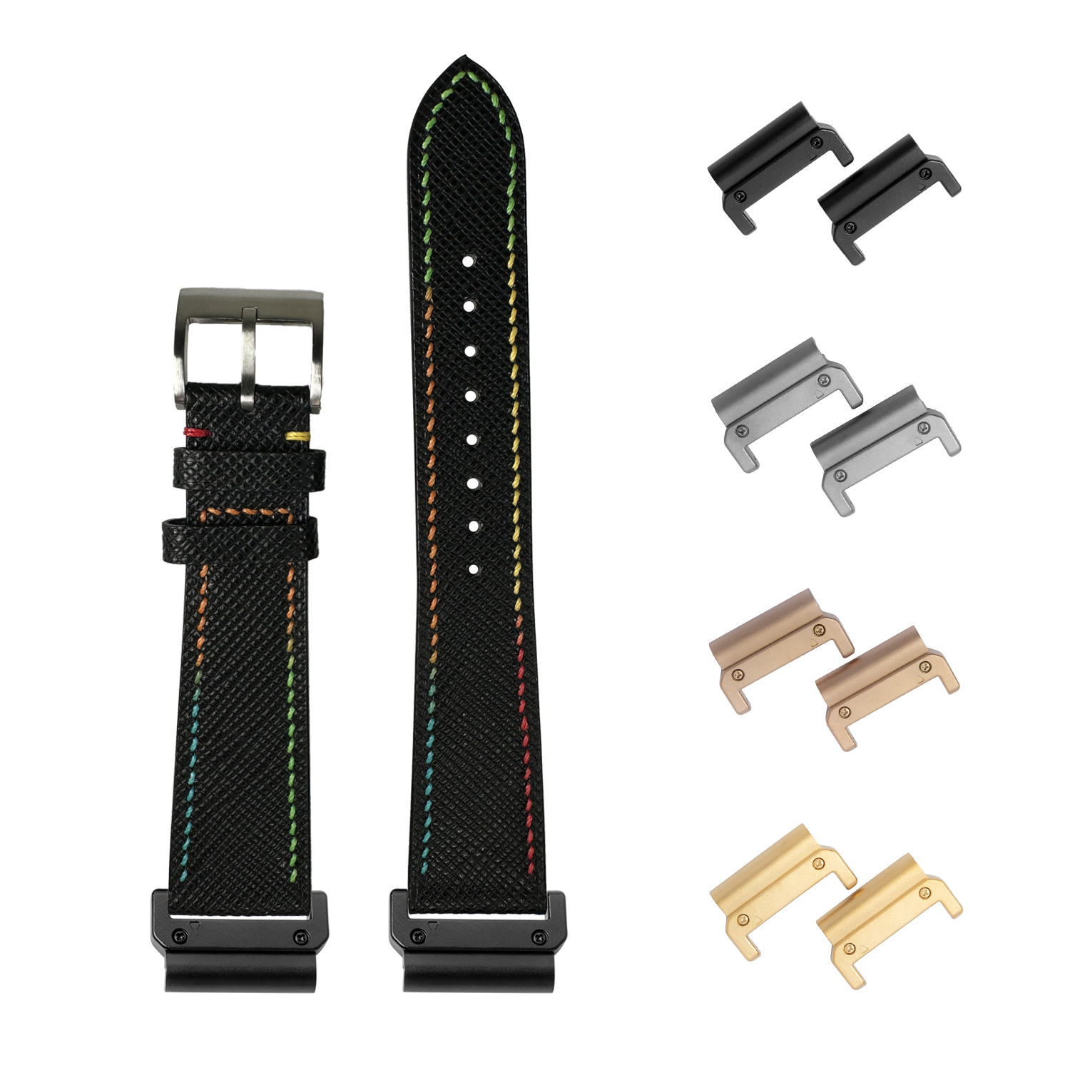 Quickfit Chevre Saffiano black leather watch strap with rainbow stitching and interchangeable metal lugs in multiple finishes