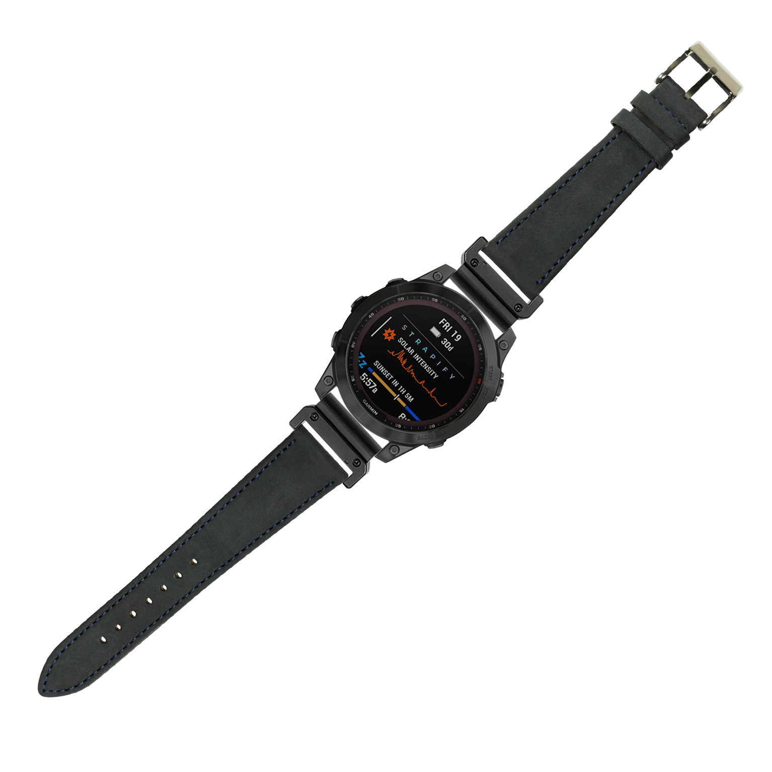 Black nubuck leather smartwatch band with navy blue stitching, 22mm QuickFit strap with metal buckle closure