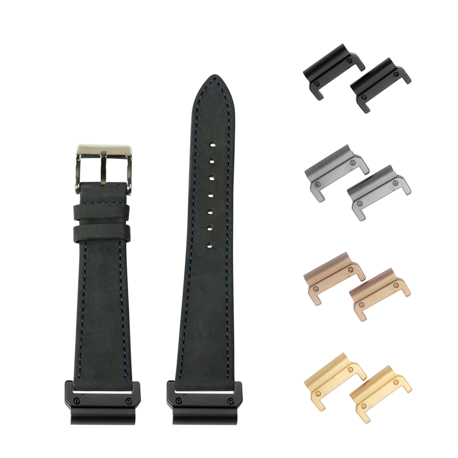 Black nubuck leather watch strap with navy blue stitching and interchangeable quick-fit lugs in multiple finishes