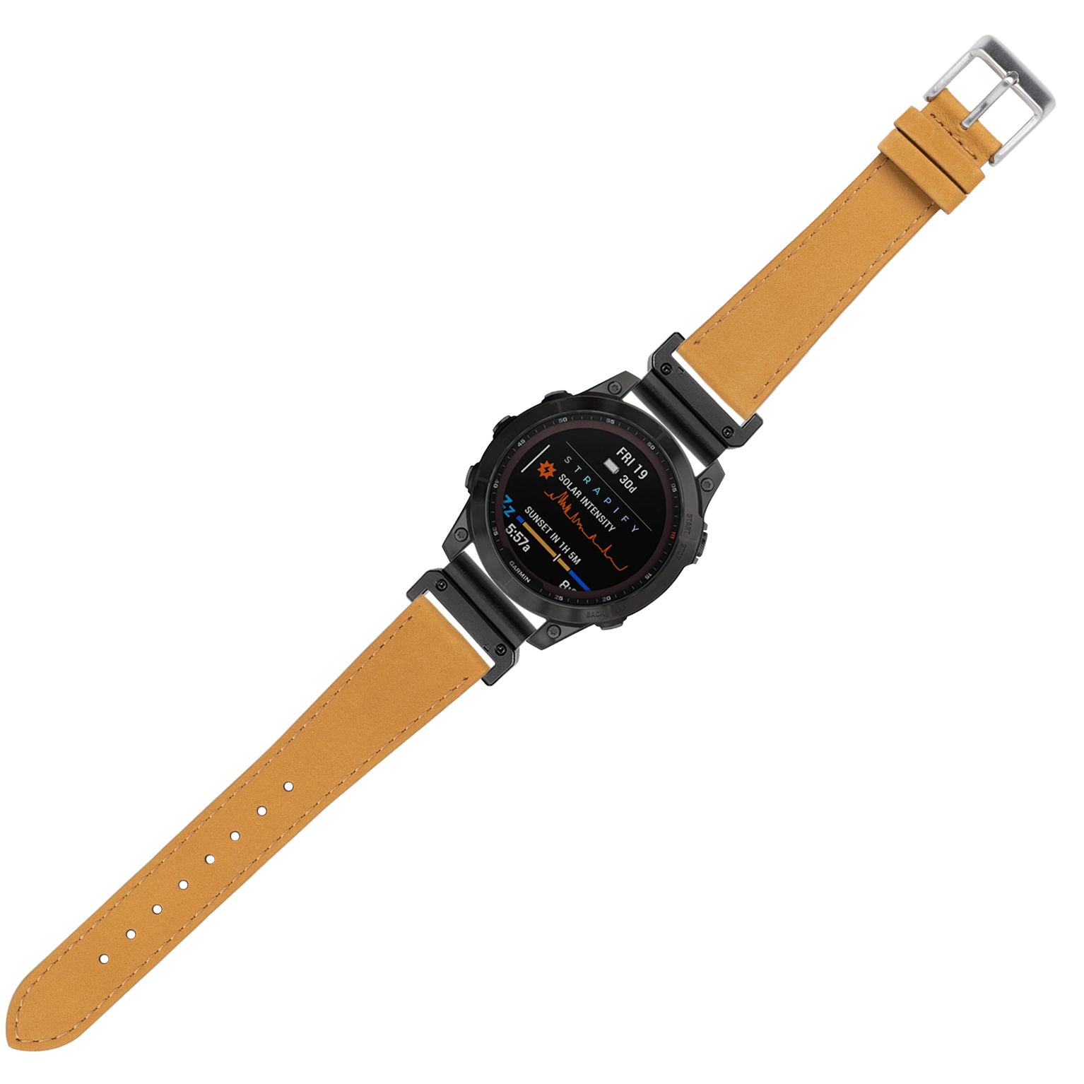 Black digital smartwatch with tan nubuck leather strap and silver buckle displaying fitness metrics on AMOLED screen