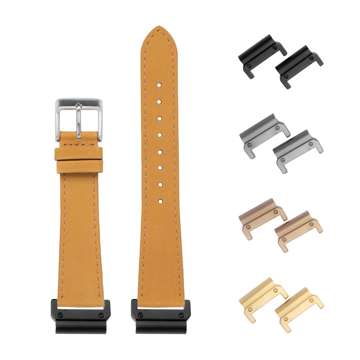 QuickFit brown nubuck leather watch band 22mm with interchangeable metal lugs in black, silver, bronze and gold finishes