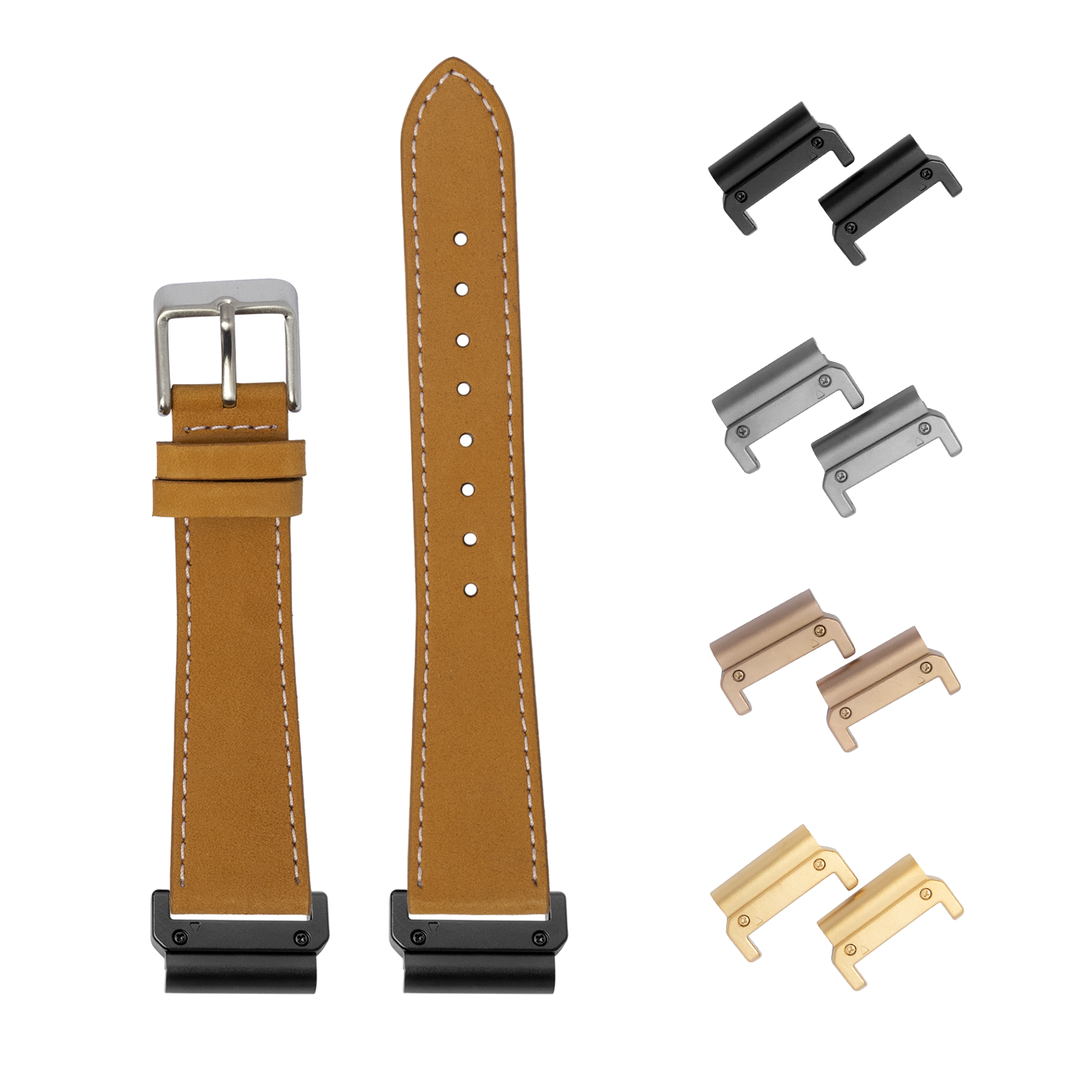Brown nubuck leather watch band 22mm with white stitching, quick-fit system, and interchangeable metal lugs in black, silver, bronze, and gold