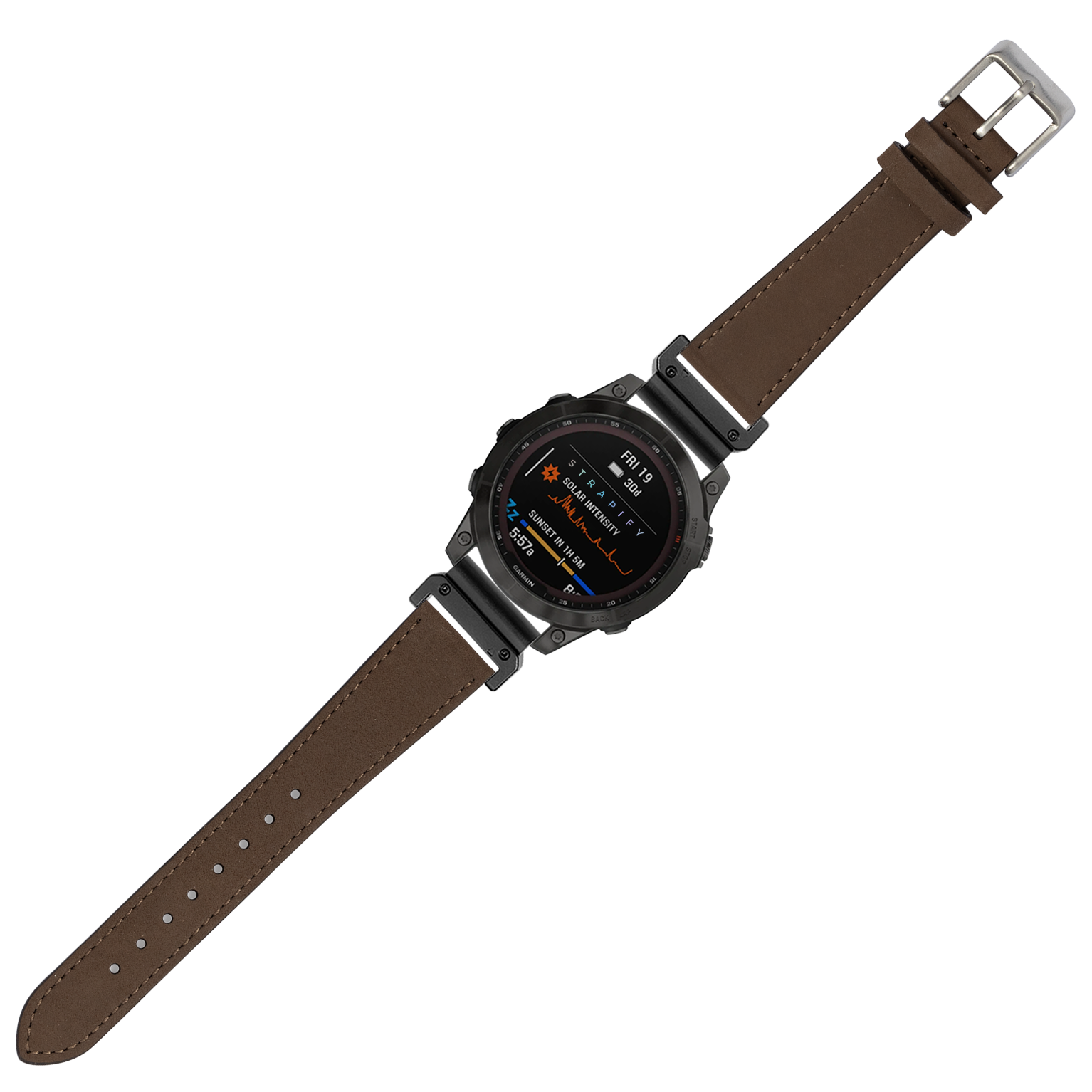 Tactical smartwatch with black digital display and coffee brown nubuck leather QuickFit strap featuring silver buckle