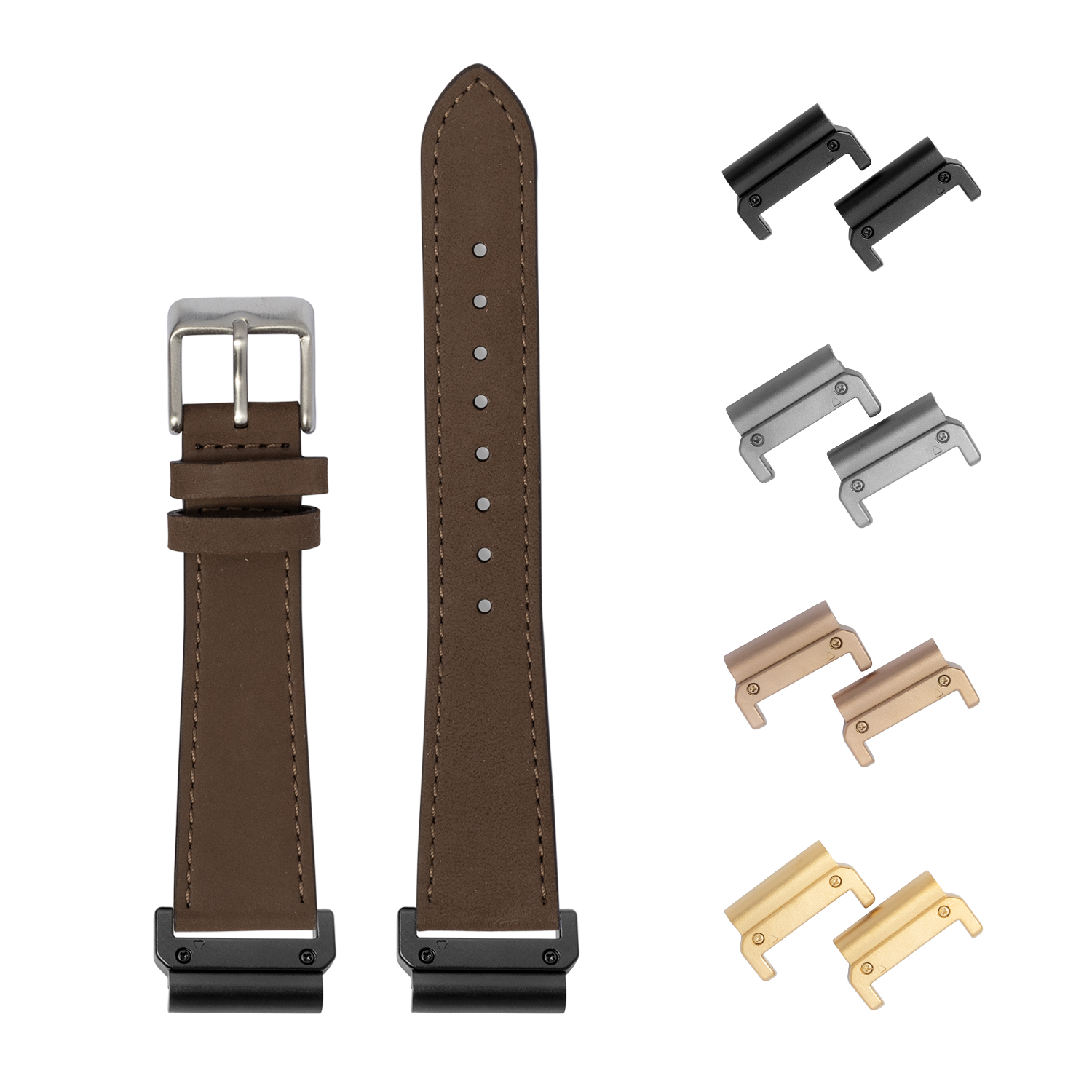 Quickfit nubuck leather watch band 22mm coffee brown with interchangeable metal connectors in black silver bronze and gold