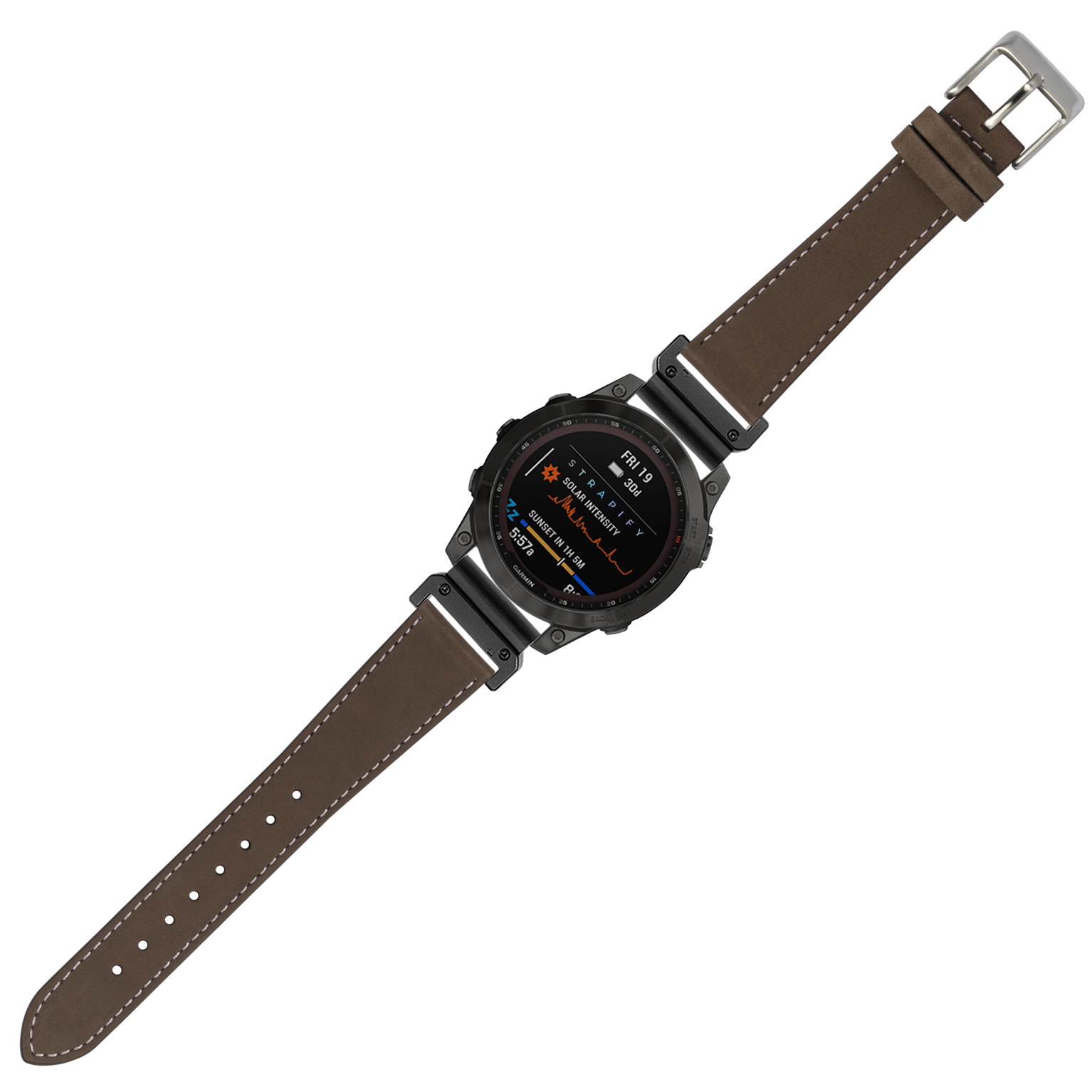 Digital sports watch with black case and AMOLED display on coffee brown nubuck leather strap with white stitching