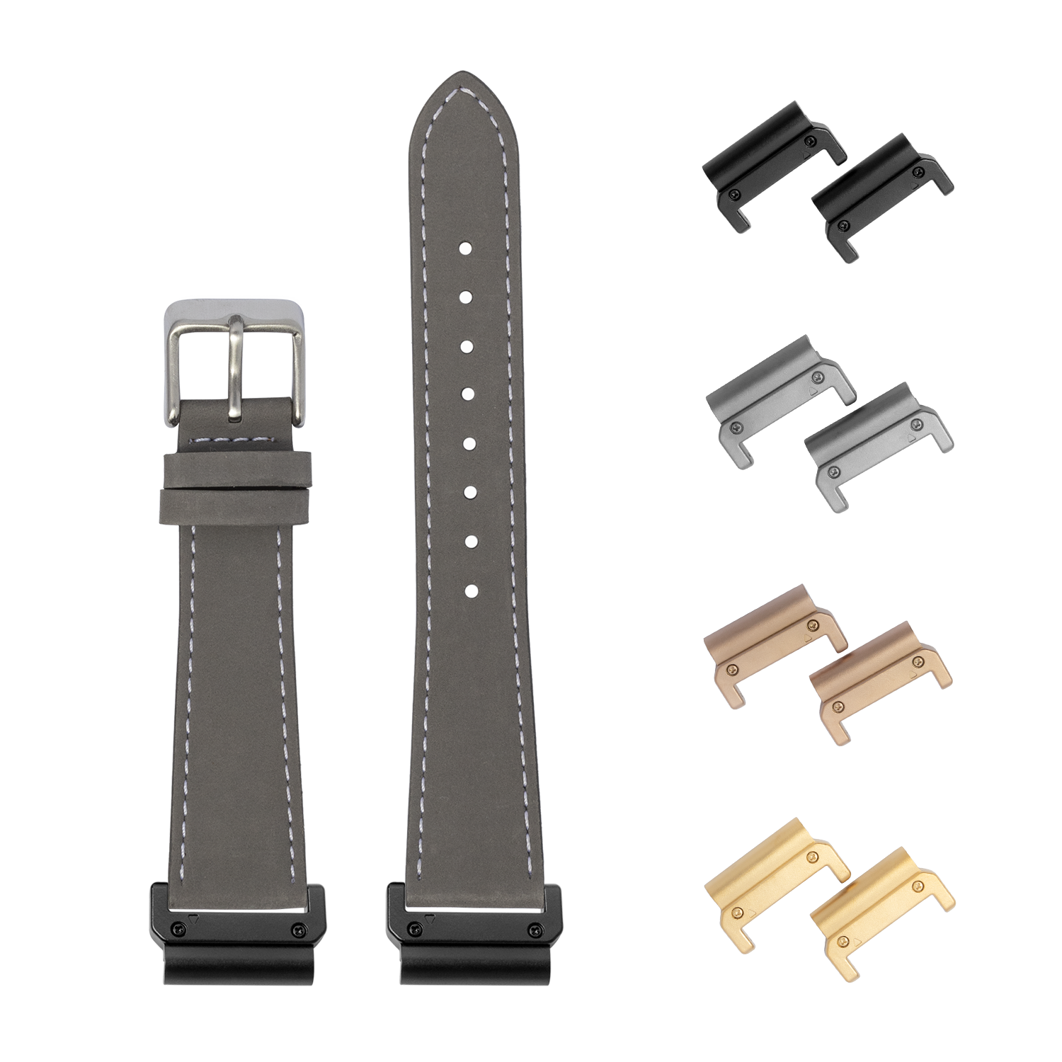 Grey nubuck leather quick release watch band 22mm with white stitching, interchangeable metal lugs in black, silver, bronze and gold finishes