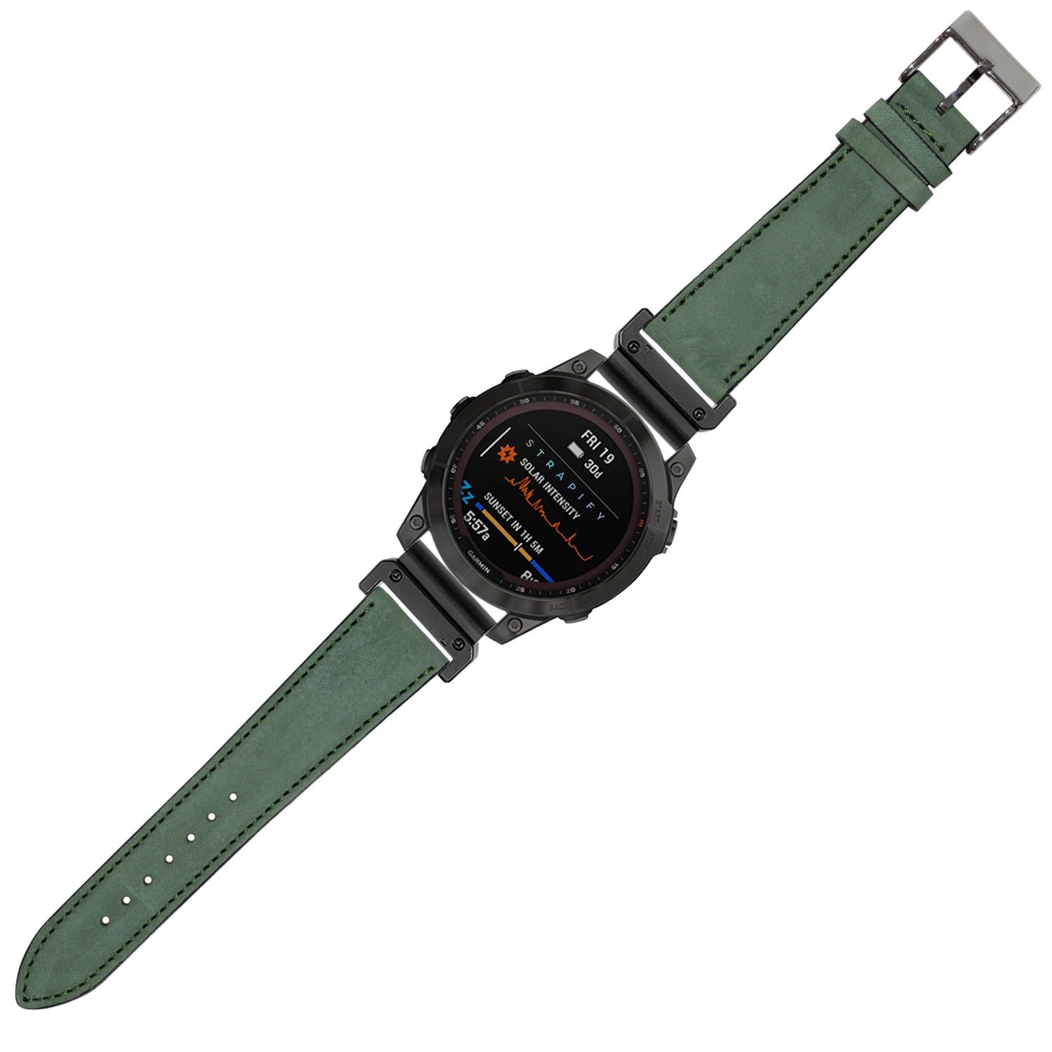 Black digital smartwatch with mint green nubuck leather QuickFit strap and tactical design display