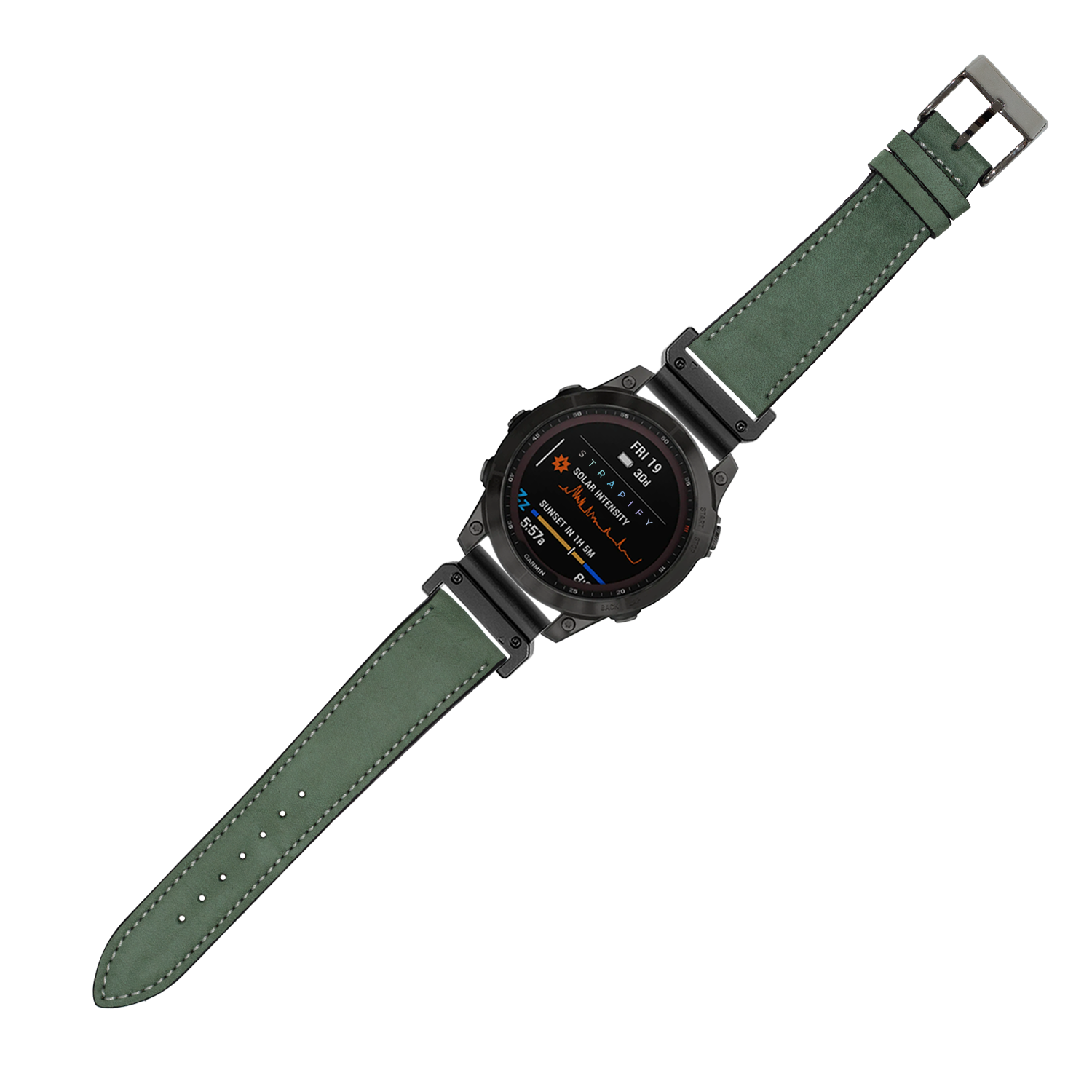 Black digital smartwatch with mint green nubuck leather strap and white stitching, 22mm QuickFit band