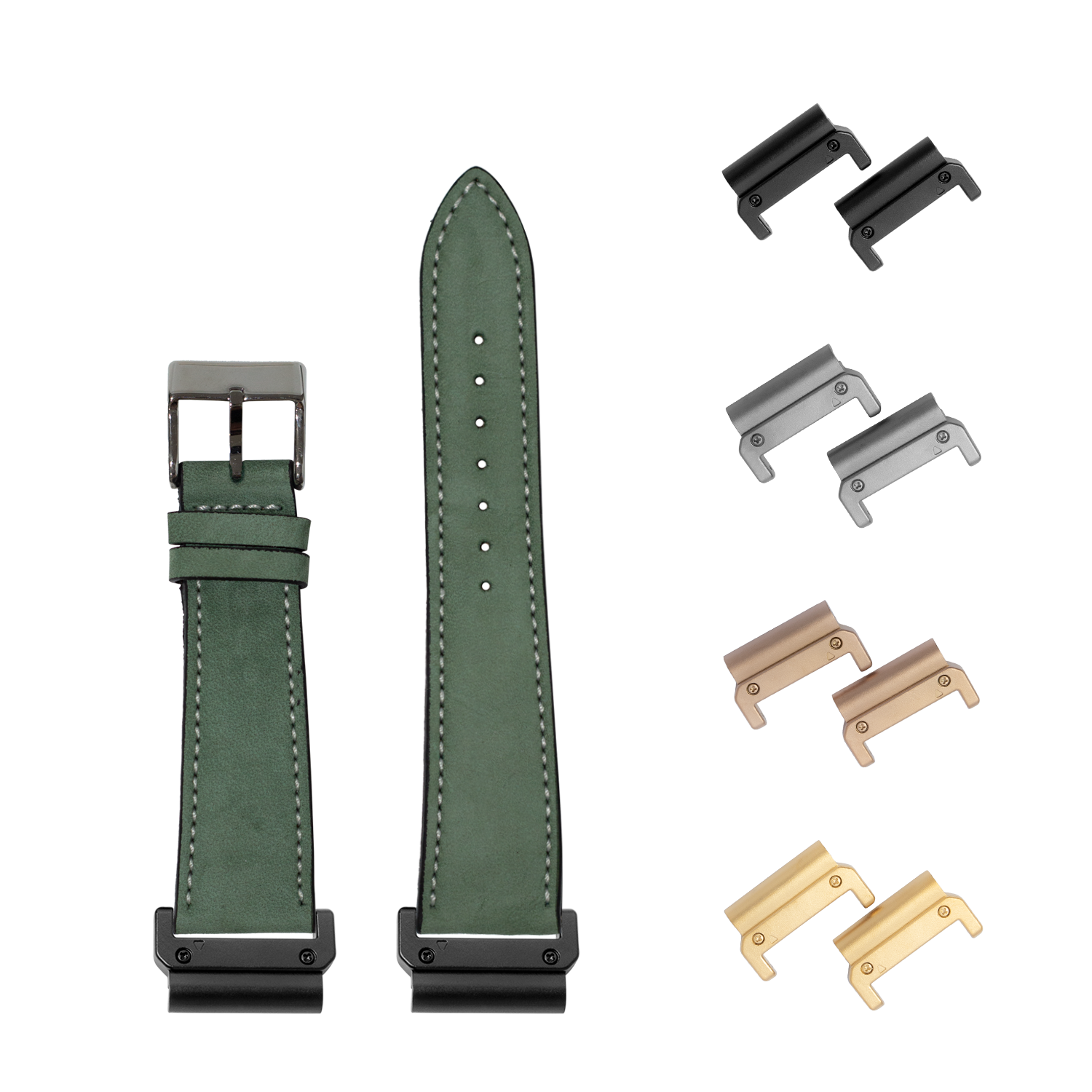 Mint green nubuck leather watch band 22mm with white stitching, quick-fit system, and interchangeable metal lugs in black, silver, bronze, and gold