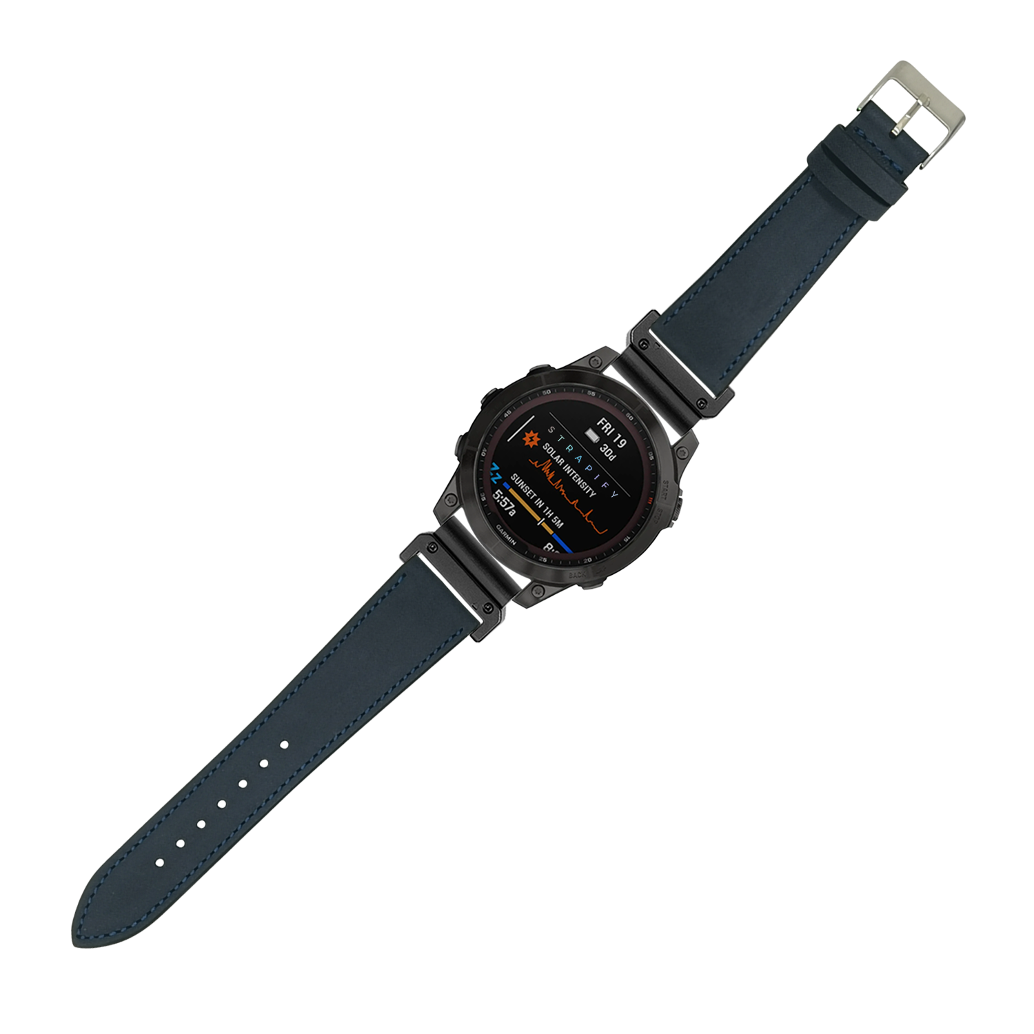 Black digital smartwatch with navy blue nubuck leather strap, metal case, and colorful display showing health metrics