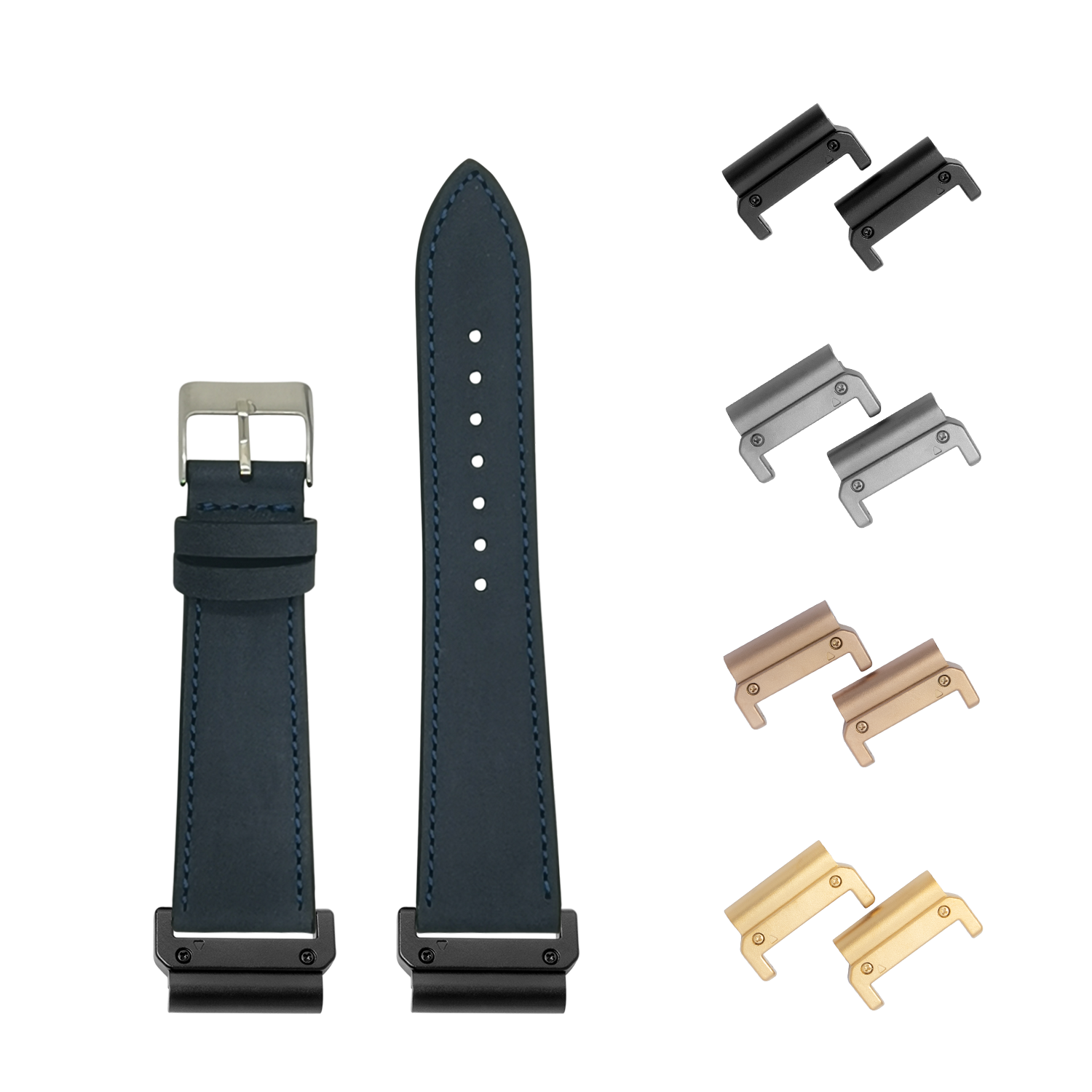 Navy blue nubuck leather watch band 22mm with quick-fit buckle and interchangeable metal connectors in black, silver, rose gold and gold finishes