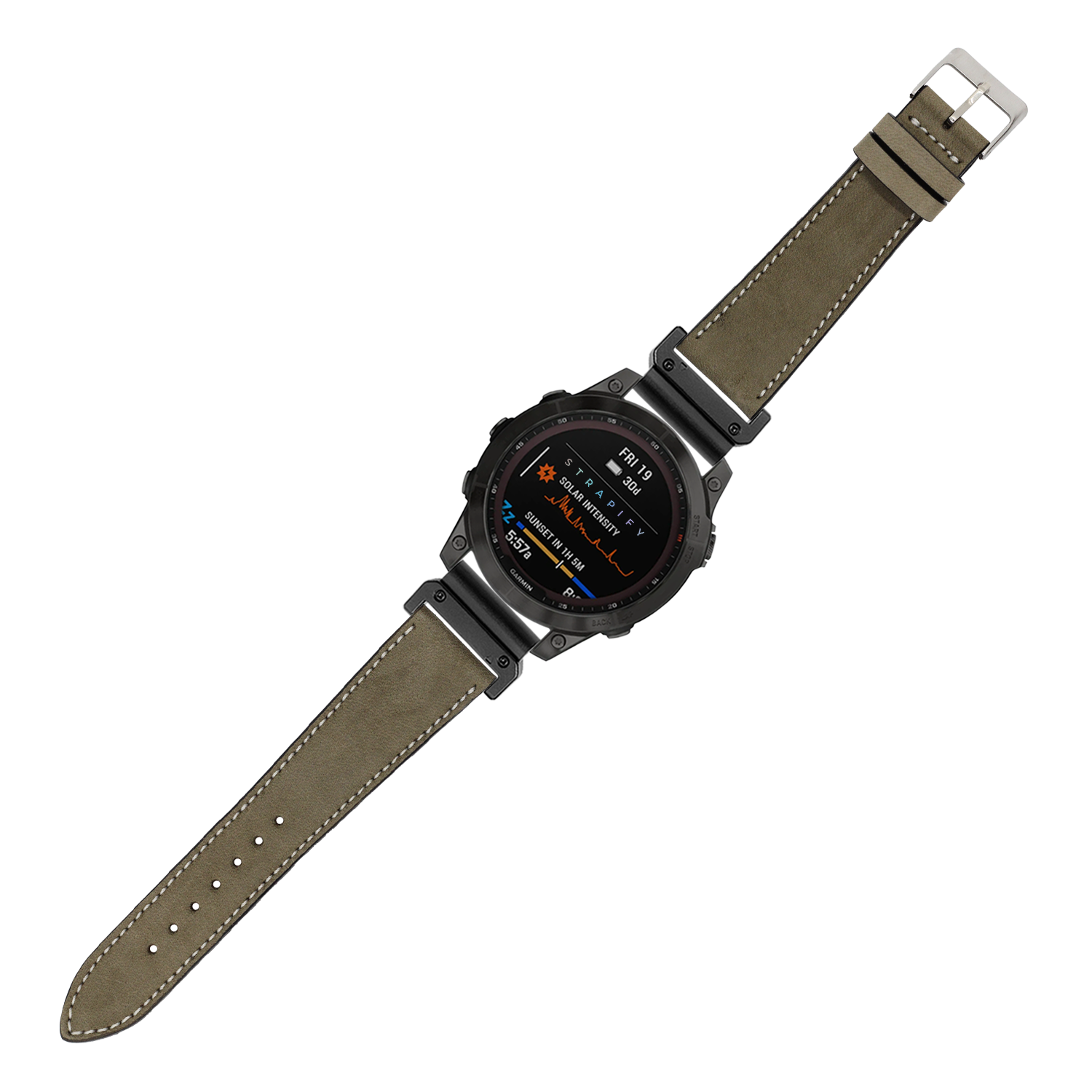 Military-style digital smartwatch with black case and olive green leather strap featuring white stitching and silver buckle
