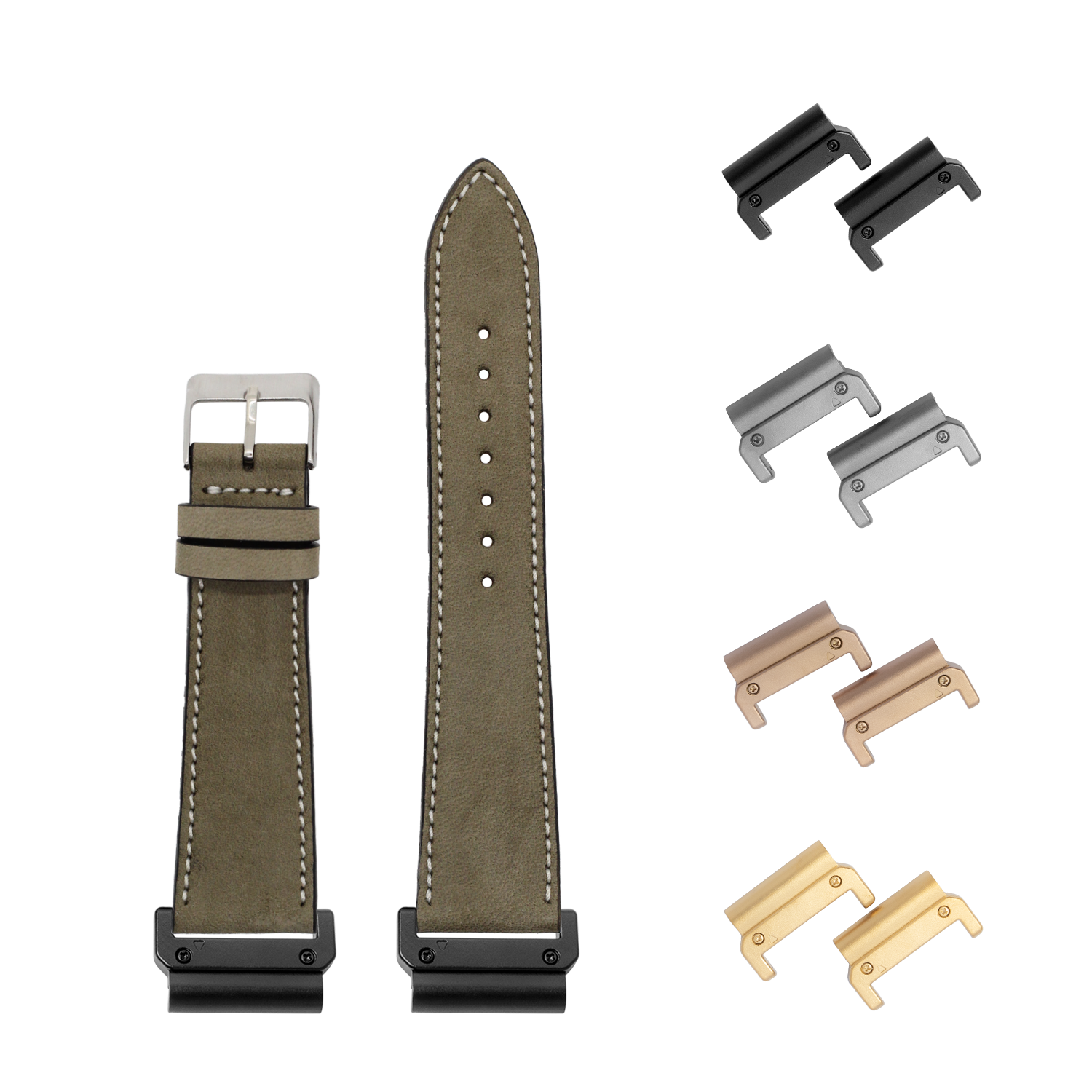 Olive green nubuck leather 22mm watch band with white stitching, interchangeable lugs in black, gray, rose gold and gold finishes
