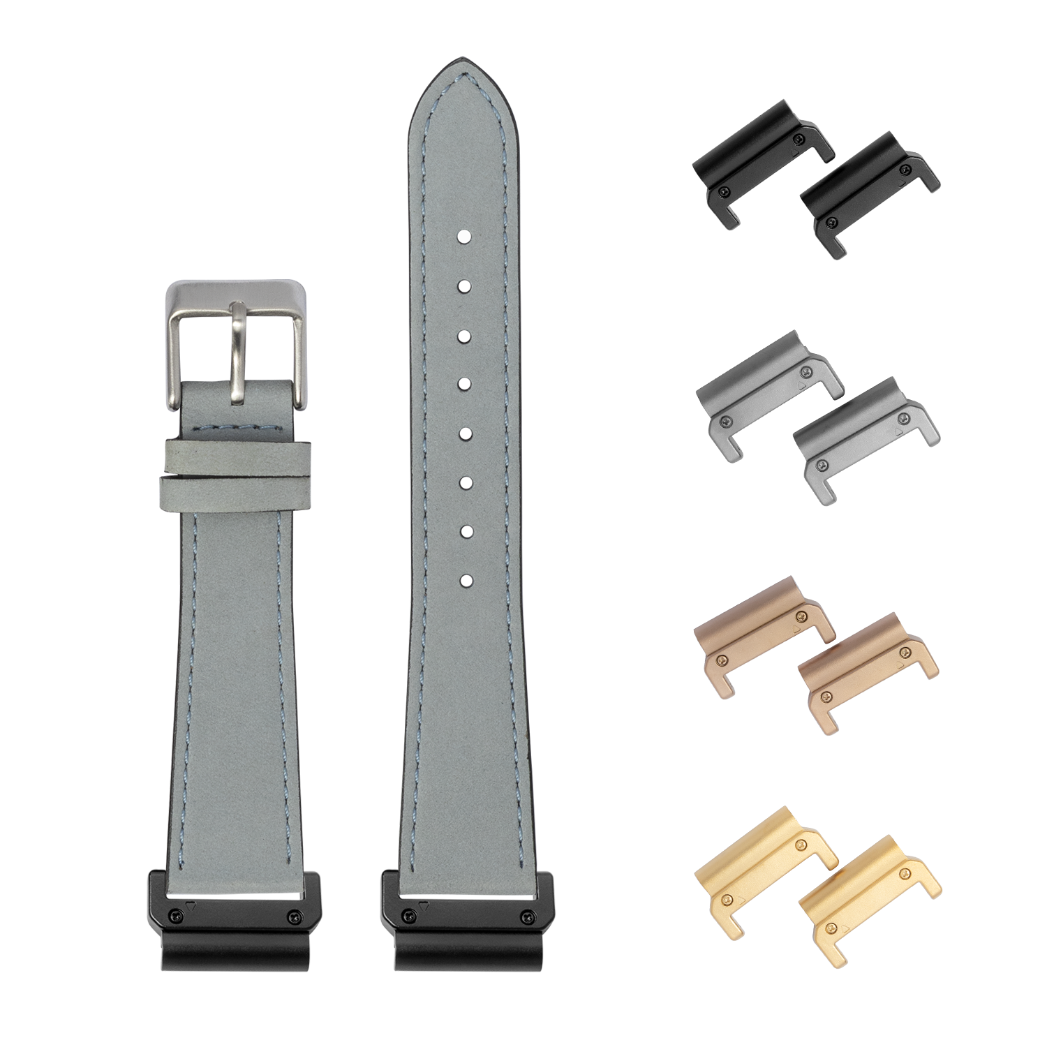 QuickFit nubuck leather watch band in sky blue 22mm with interchangeable metal lugs in black, silver, rose gold and gold finishes