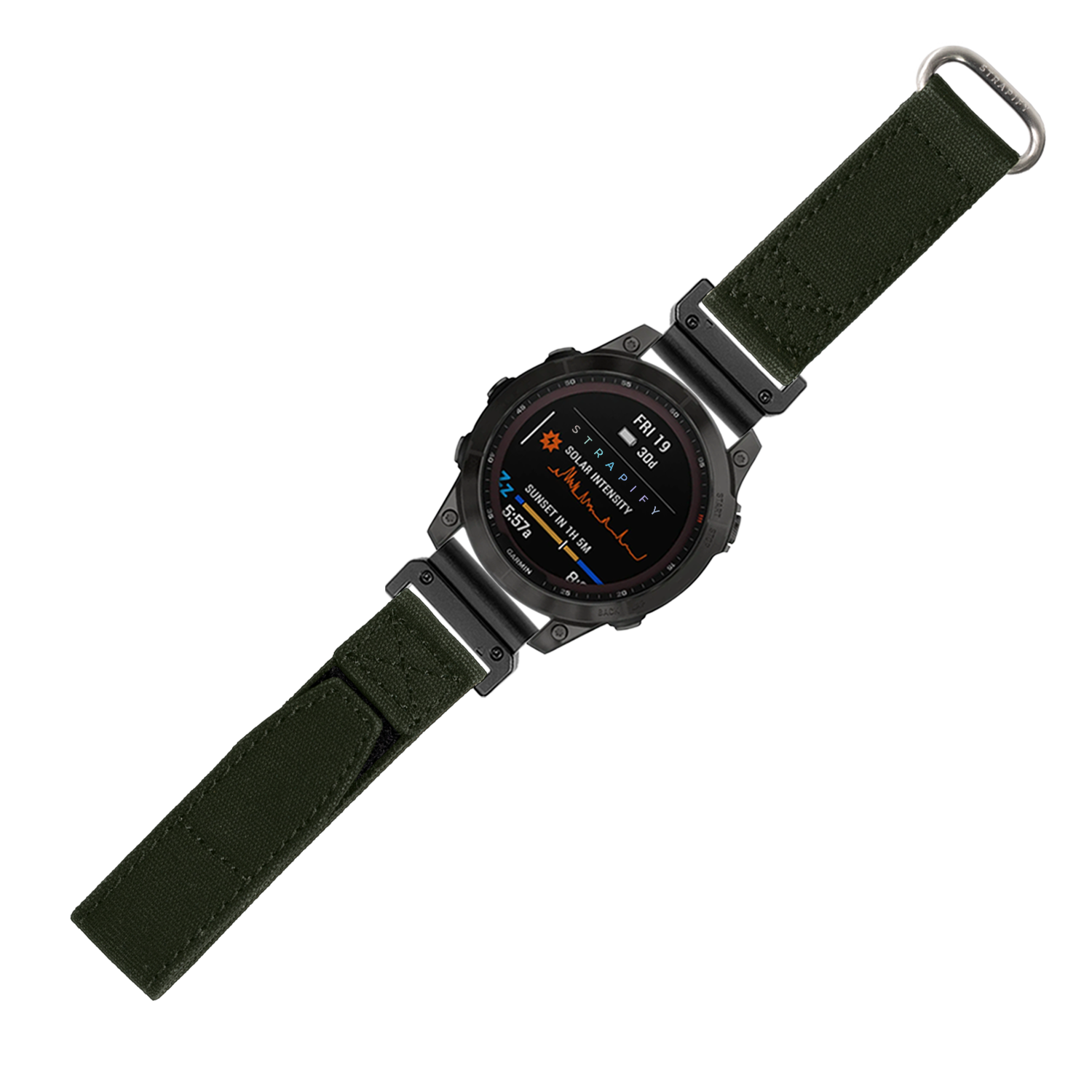 Military tactical smartwatch with black case, AMOLED display showing fitness metrics, and army green fabric strap with quick-release buckle