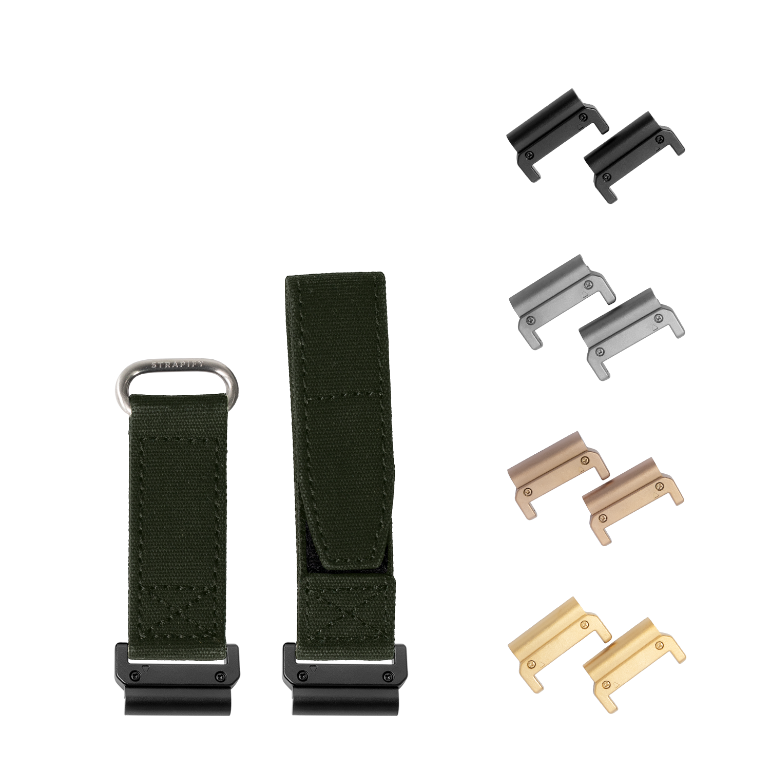 QuickFit military velcro watch straps in army green 22mm with interchangeable metal hardware in black, silver, bronze and gold finishes