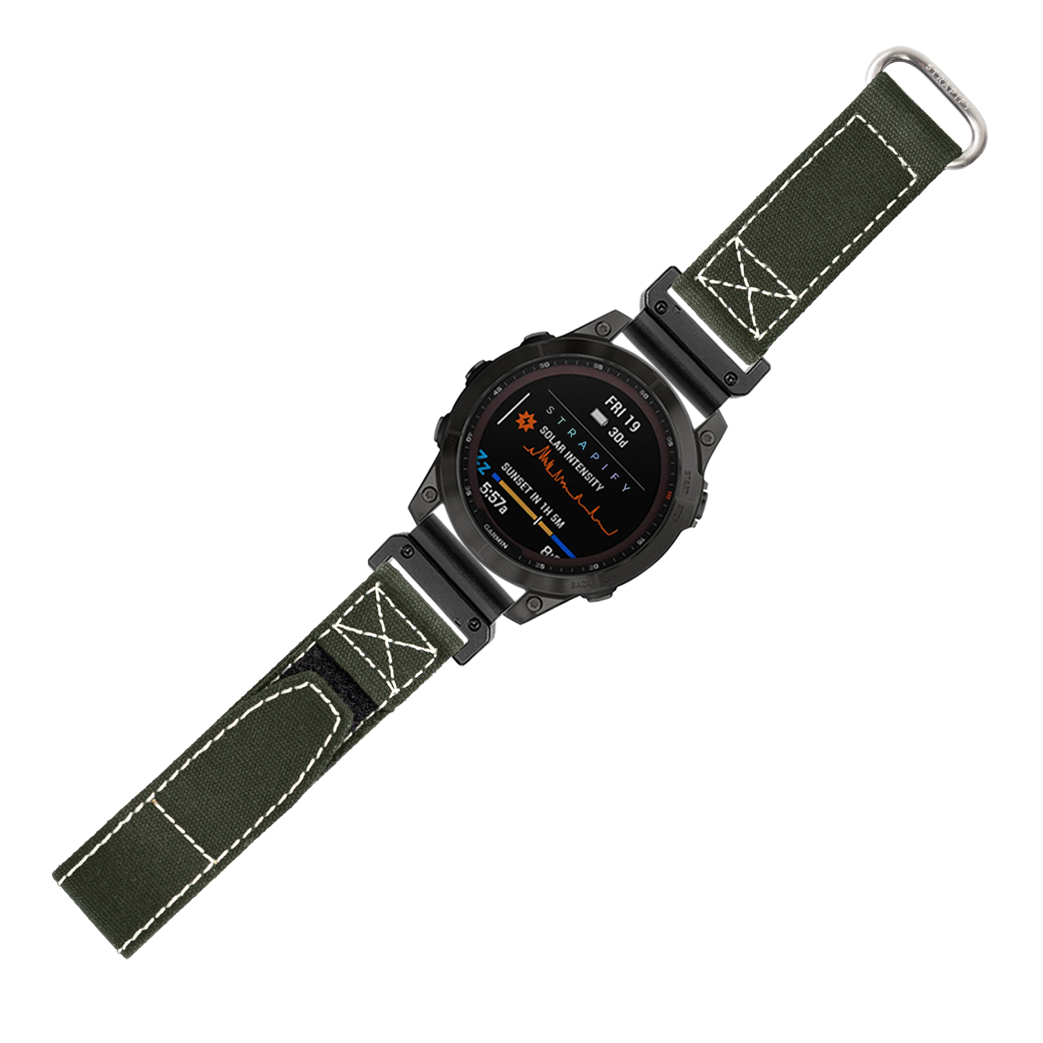 Military tactical smartwatch with black case, AMOLED display showing fitness metrics, and olive green fabric strap with white stitching and quick-fit velcro closure