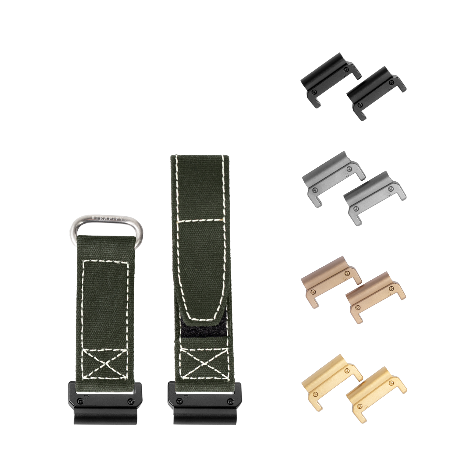 QuickFit military velcro watch bands in army green with white stitching, 22mm, shown with multiple metal connector options in black, silver, bronze and gold finishes