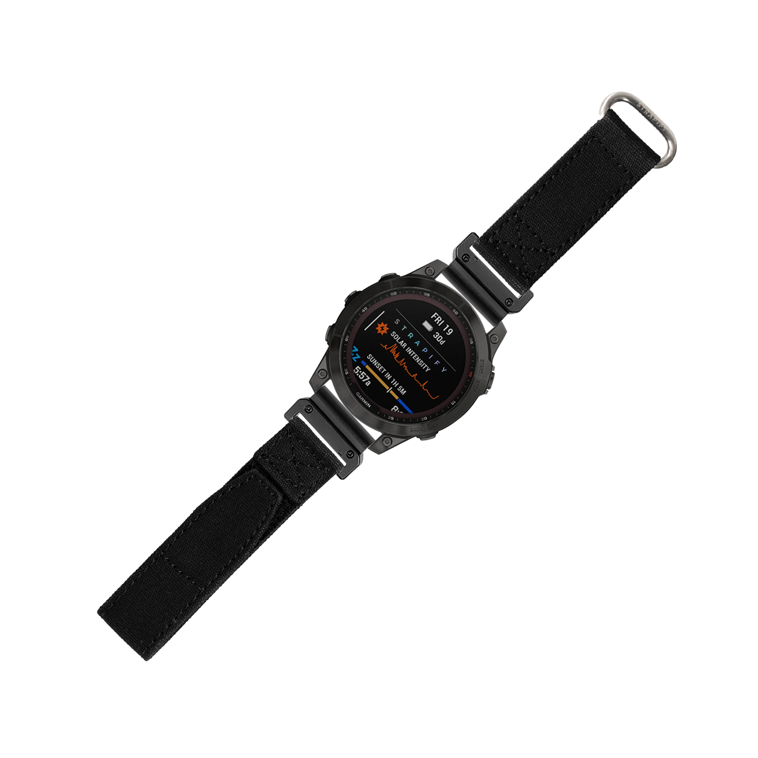 Black 22mm military velcro QuickFit watch band with orange and blue digital display on tactical smartwatch