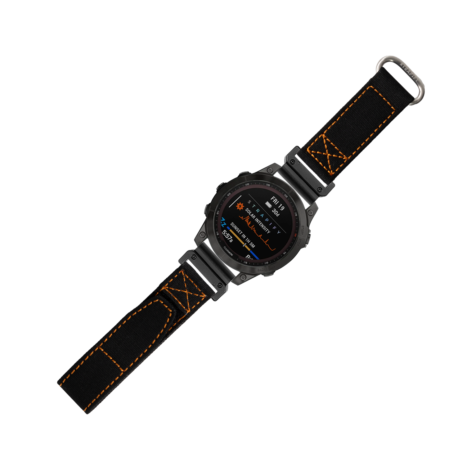 Military tactical smartwatch with black case, orange and blue dial, black and orange velcro QuickFit band with metal hardware