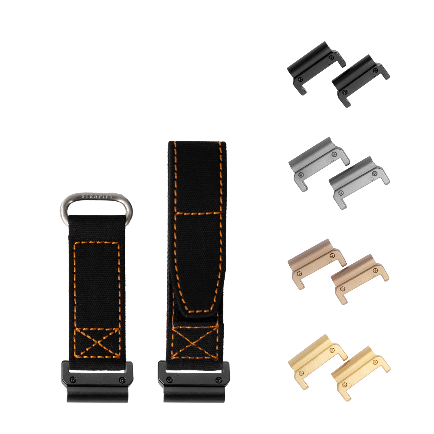 Black and orange military watch strap with QuickFit system, interchangeable hardware in black, silver, bronze and gold finishes