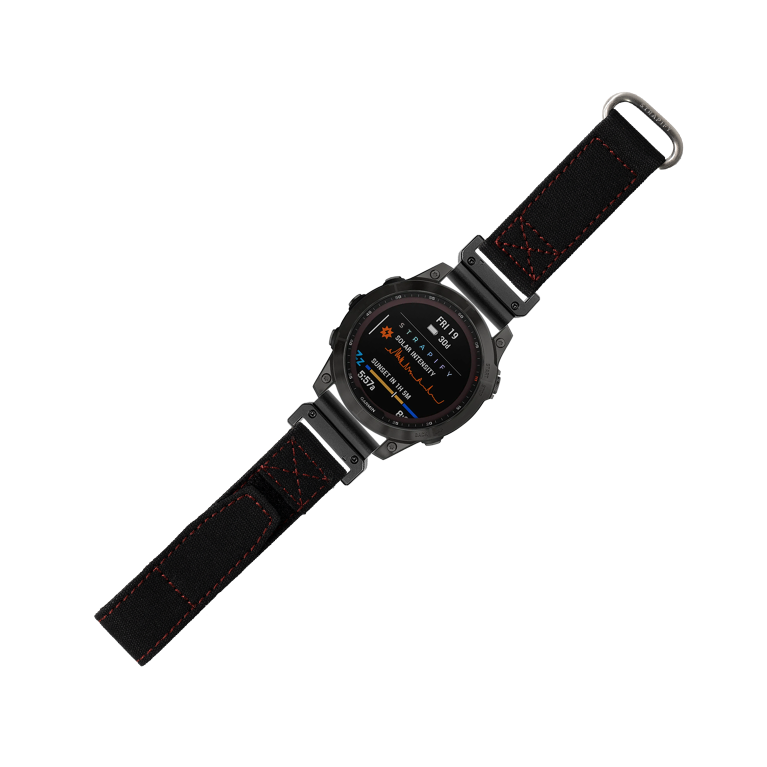 Black and red military Velcro watch band 22mm with digital smartwatch display and metal hardware