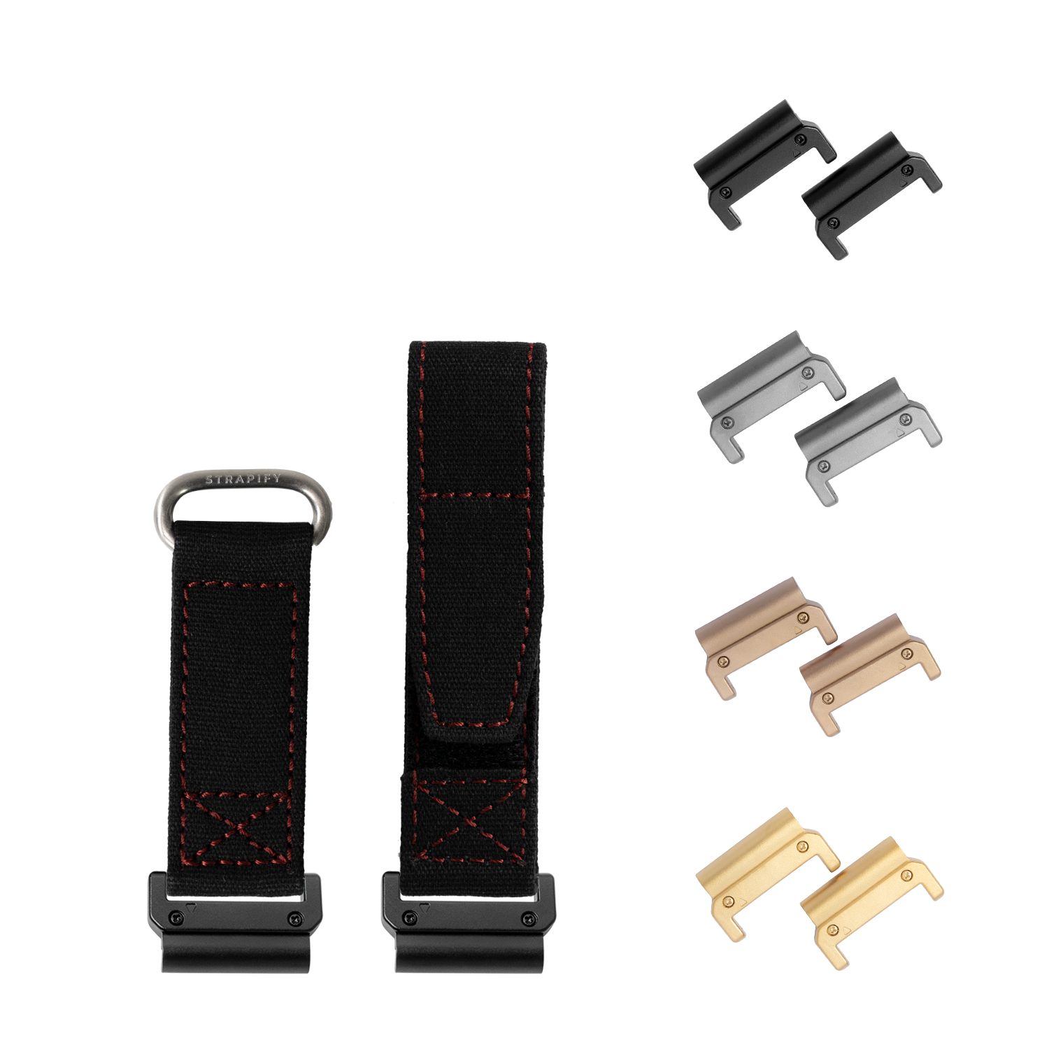 QuickFit military velcro watch straps 22mm with interchangeable hardware in black, silver, bronze and gold finishes