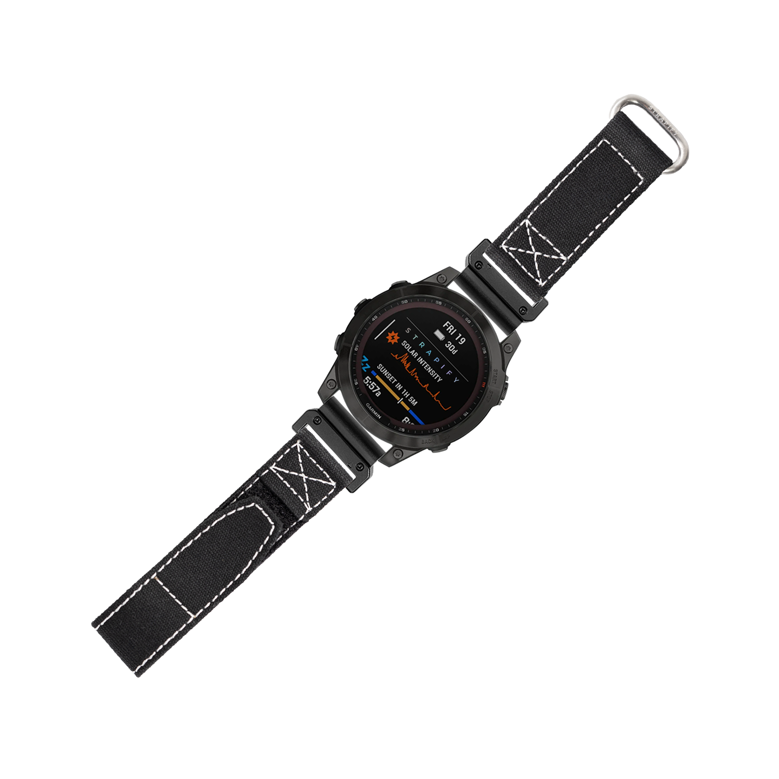 Black military smartwatch with AMOLED display and black nylon velcro strap featuring white stitching detail